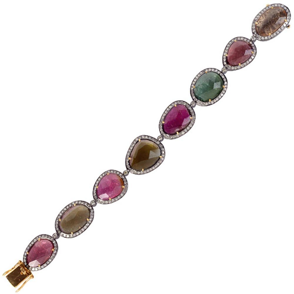 Mixed Cut Multi Tourmaline & Pave Diamond Bracelet Made in 18k Gold & Silver For Sale
