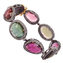 Multi Tourmaline & Pave Diamond Bracelet Made in 18k Gold & Silver