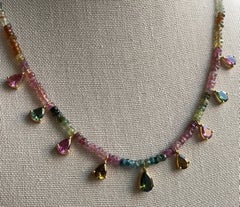 6.75 Carat Multi Tourmaline Pear & Tourmaline Beaded Gold Necklace