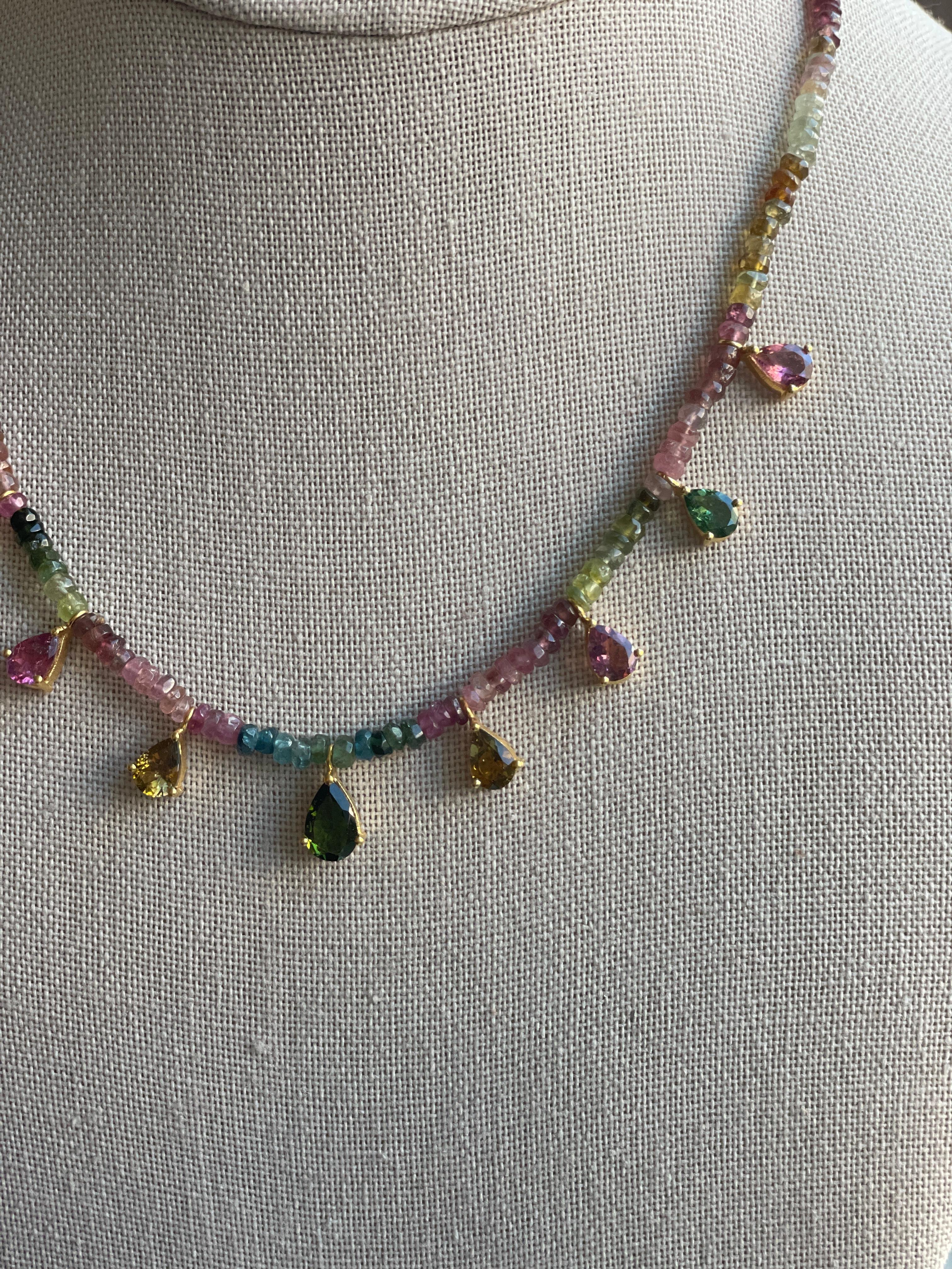 6.75 Carat Multi Tourmaline Pear & Tourmaline Beaded Gold Necklace In New Condition For Sale In Amagansett, NY