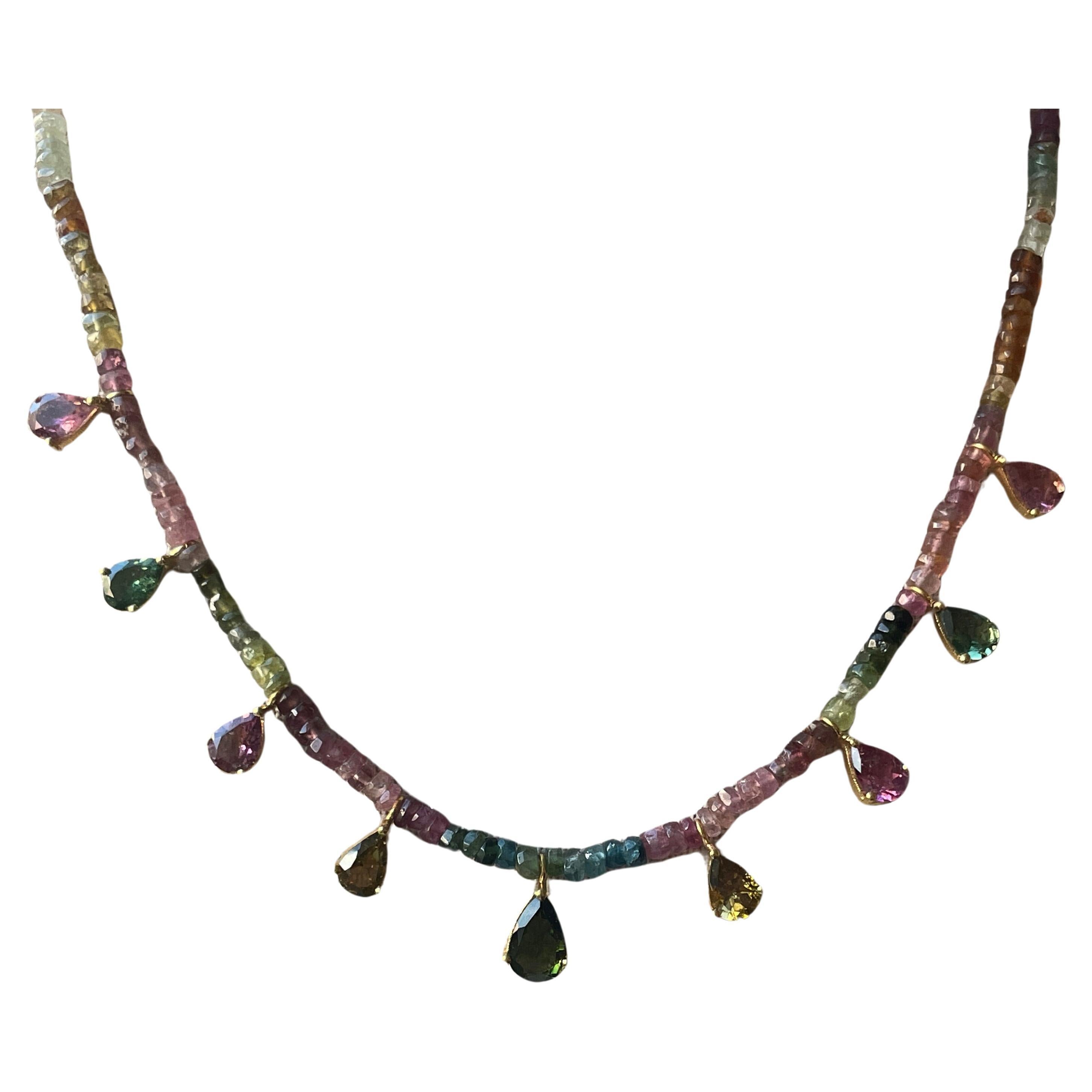 6.75 Carat Multi Tourmaline Pear & Tourmaline Beaded Gold Necklace