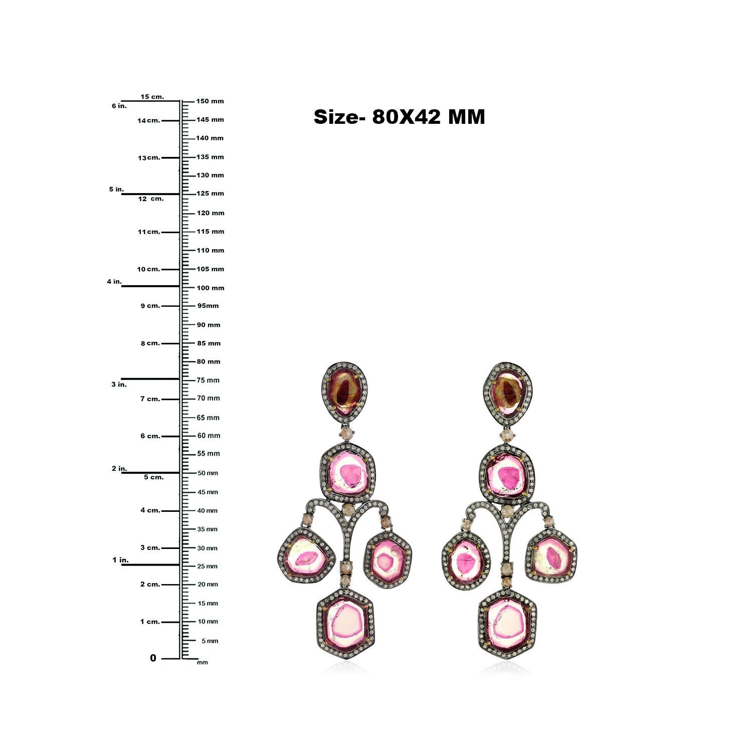 Artisan Multi Tourmaline Sliced Earring with Pave Diamonds Made in 18k Gold & Silver For Sale