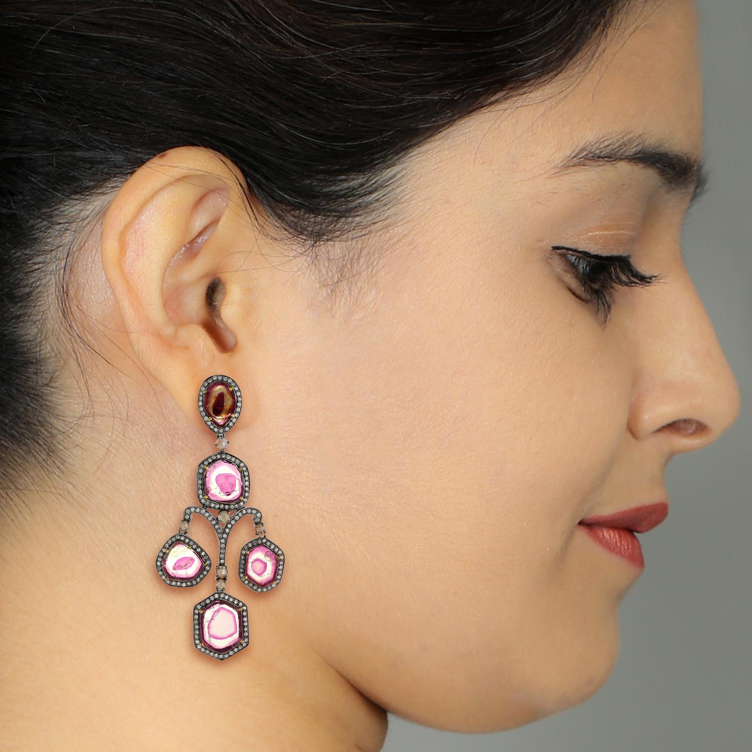 Mixed Cut Multi Tourmaline Sliced Earring with Pave Diamonds Made in 18k Gold & Silver For Sale