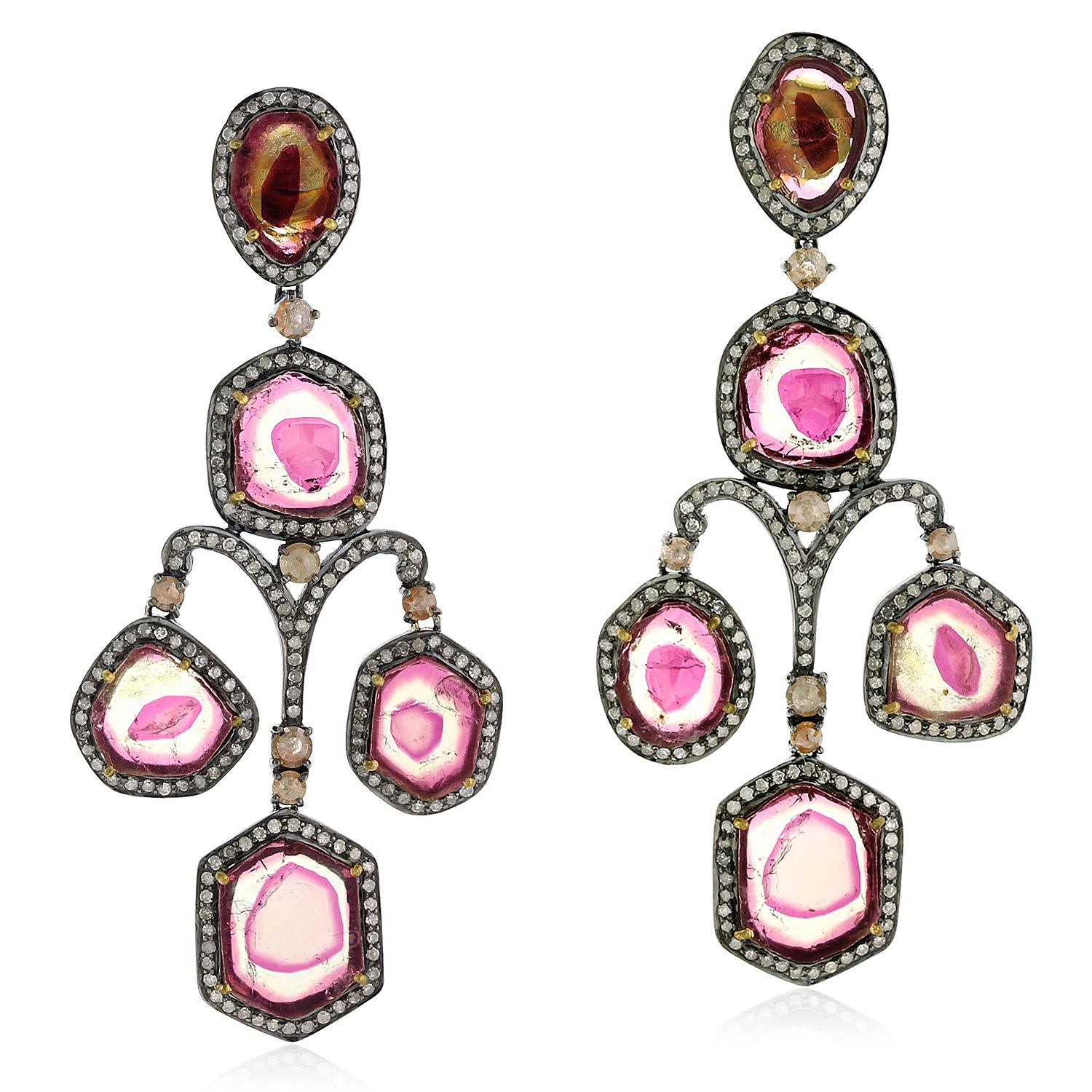 Multi Tourmaline Sliced Earring with Pave Diamonds Made in 18k Gold & Silver In New Condition For Sale In New York, NY