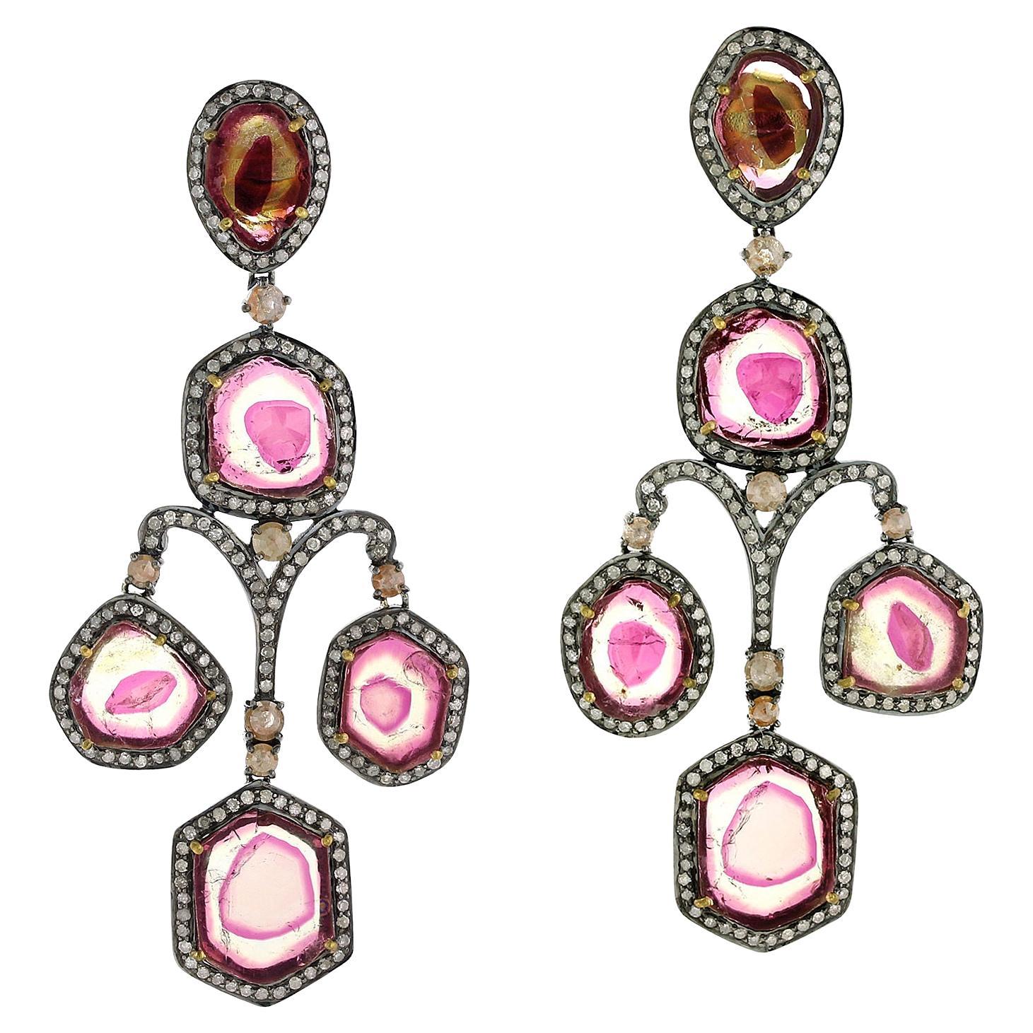 Multi Tourmaline Sliced Earring with Pave Diamonds Made in 18k Gold & Silver For Sale