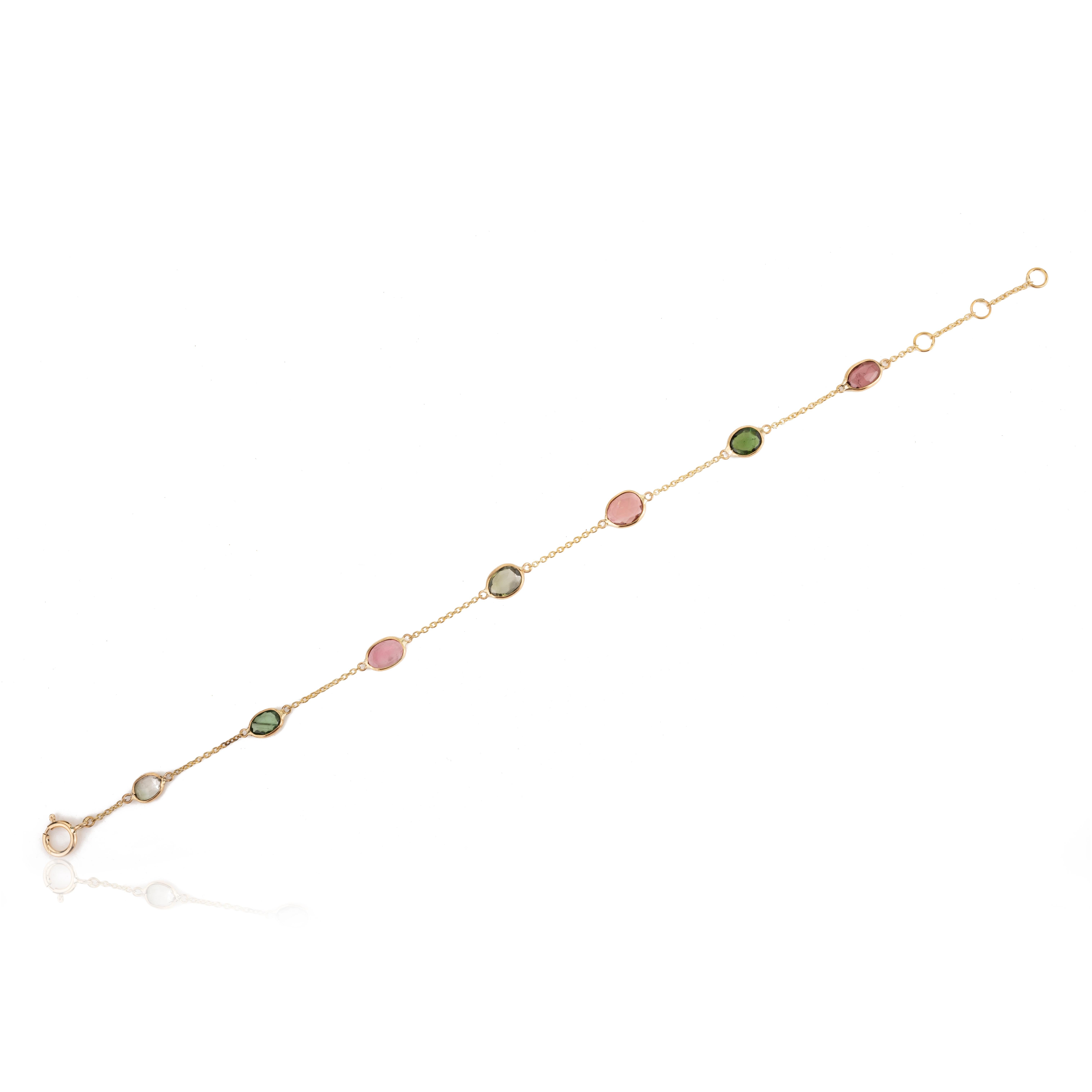Modern Multi Tourmaline Station Chain Bracelet Handcrafted in 18k Yellow Gold For Sale