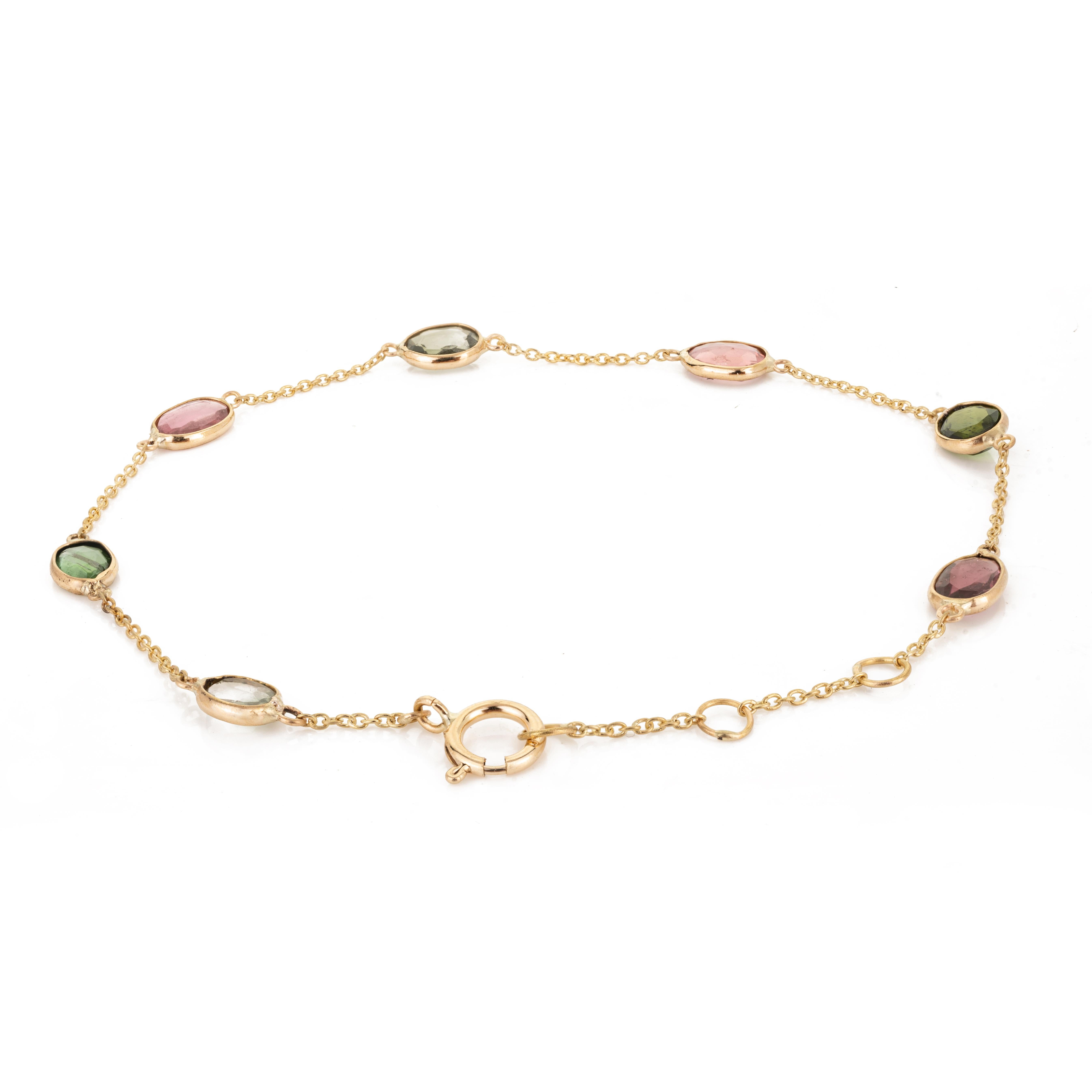 Multi Tourmaline Station Chain Bracelet Handcrafted in 18k Yellow Gold In New Condition For Sale In Houston, TX
