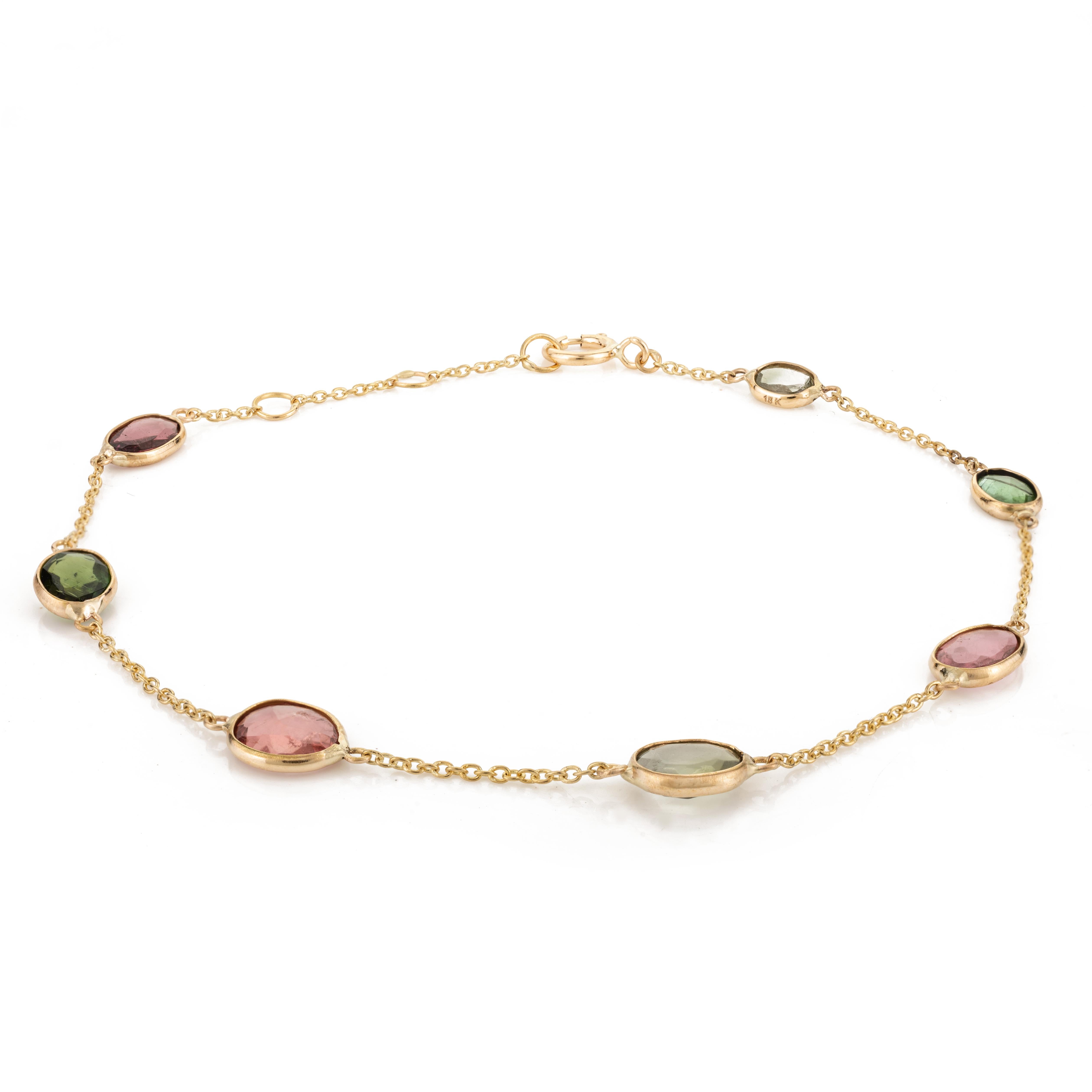 Women's Multi Tourmaline Station Chain Bracelet Handcrafted in 18k Yellow Gold For Sale