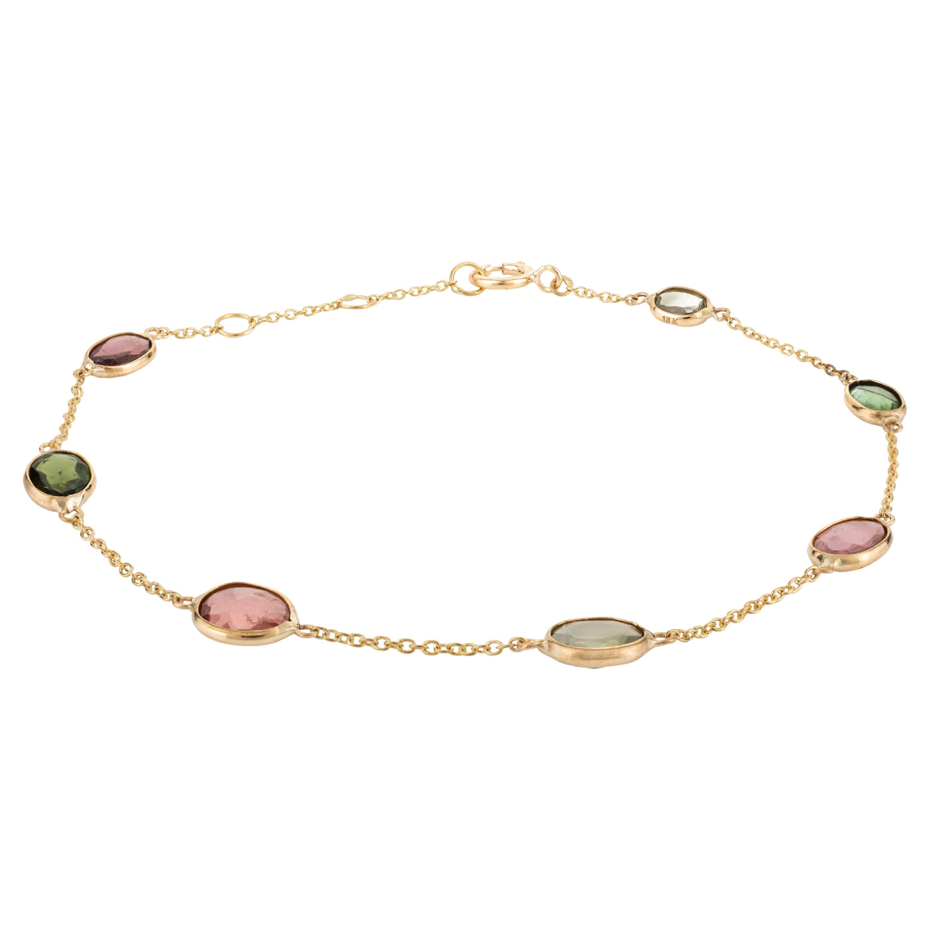 Multi Tourmaline Station Chain Bracelet Handcrafted in 18k Yellow Gold For Sale