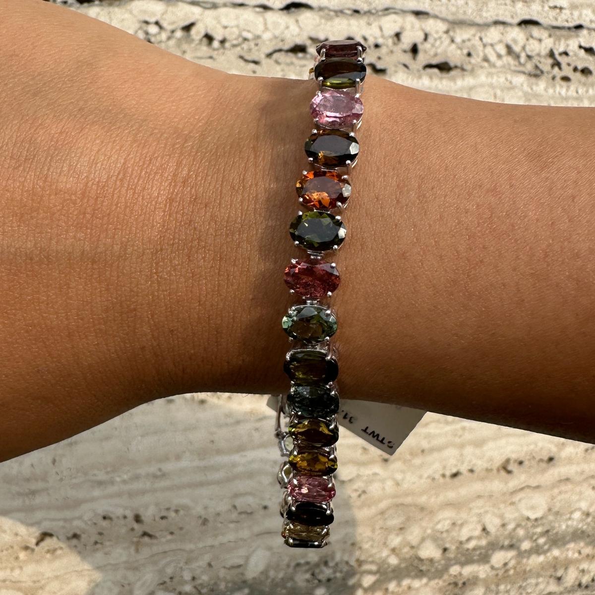 Oval Cut Multi Tourmaline Tennis Bracelet for Wedding Gift Made in 925 Sterling Silver For Sale