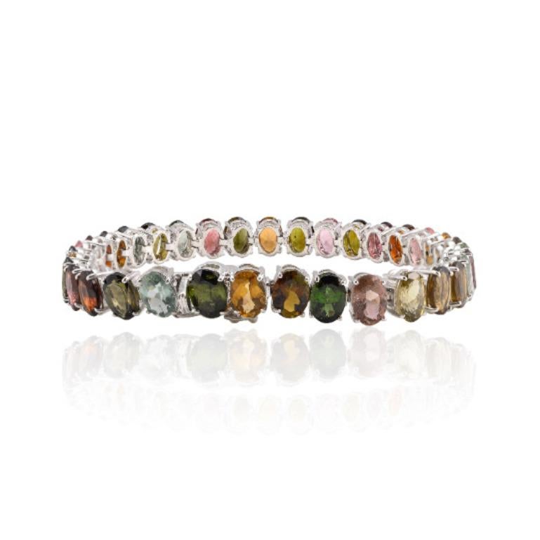 Women's Multi Tourmaline Tennis Bracelet for Wedding Gift Made in 925 Sterling Silver For Sale