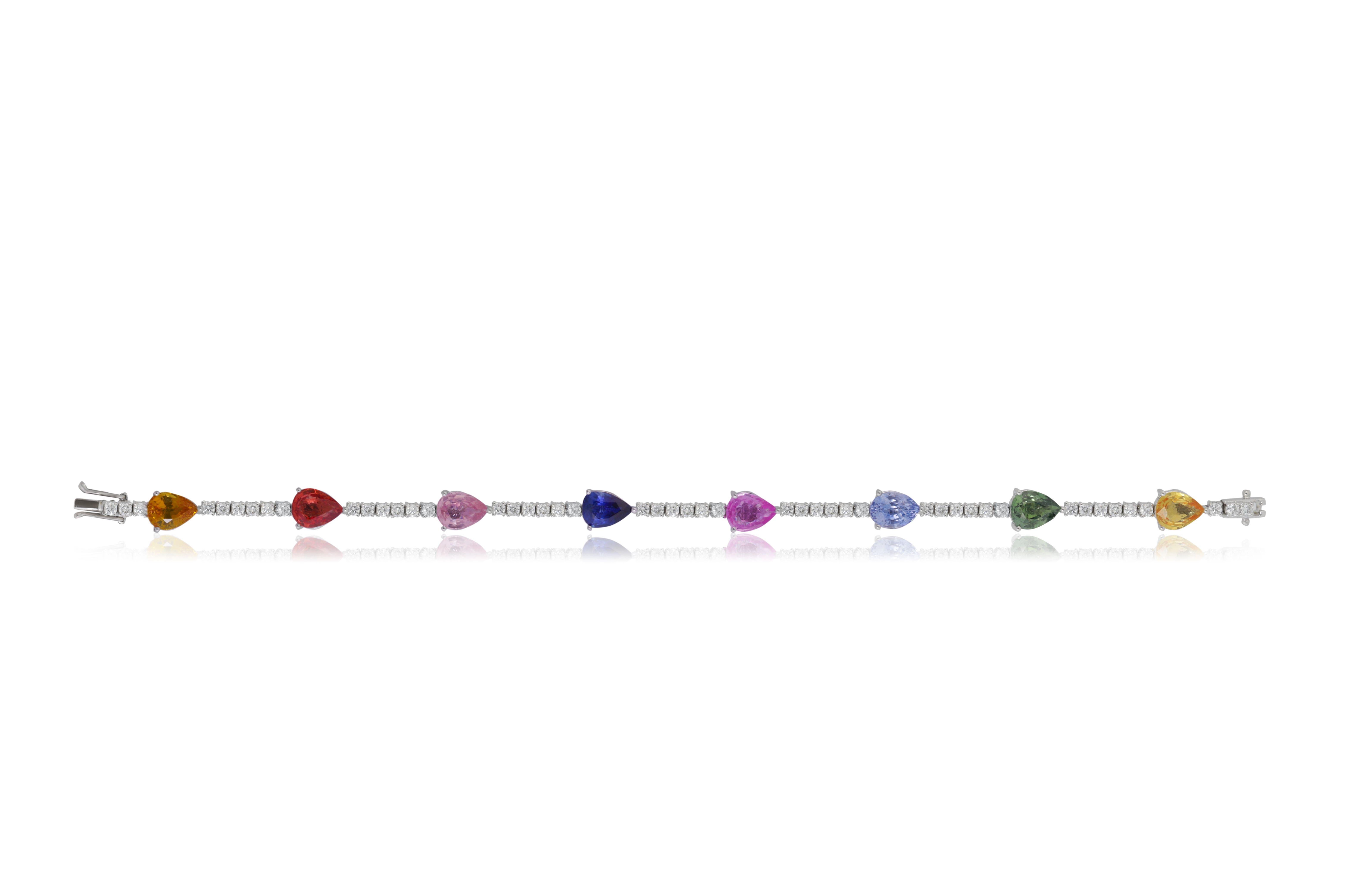 18 kt white gold sapphire and diamond bracelet with 11.30 cts tw of multicolor pear cut sapphires connected by lines of 1.52 cts tw of diamonds