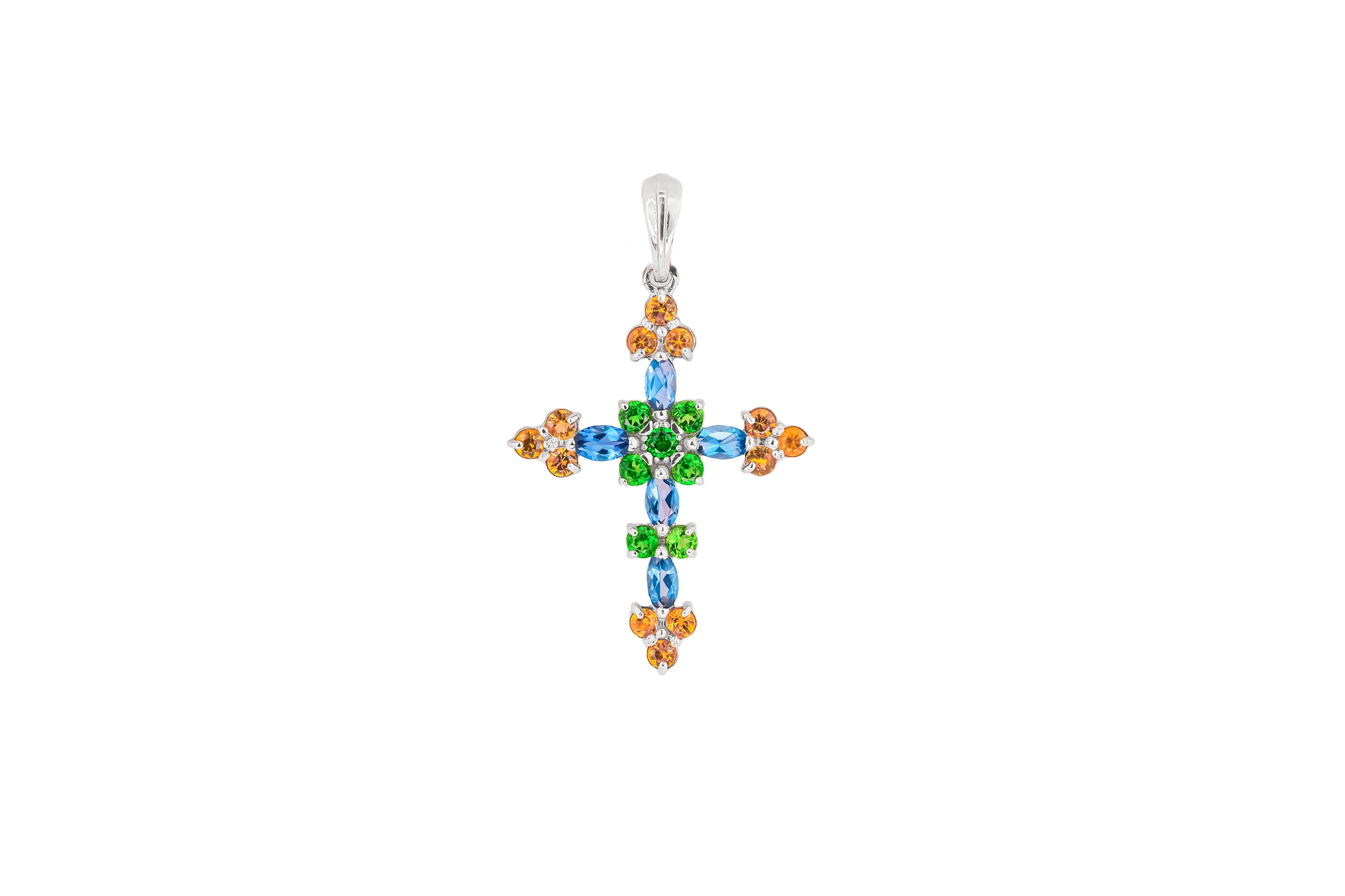 Pendentif croix multicolore en or 14k Unisexe en vente