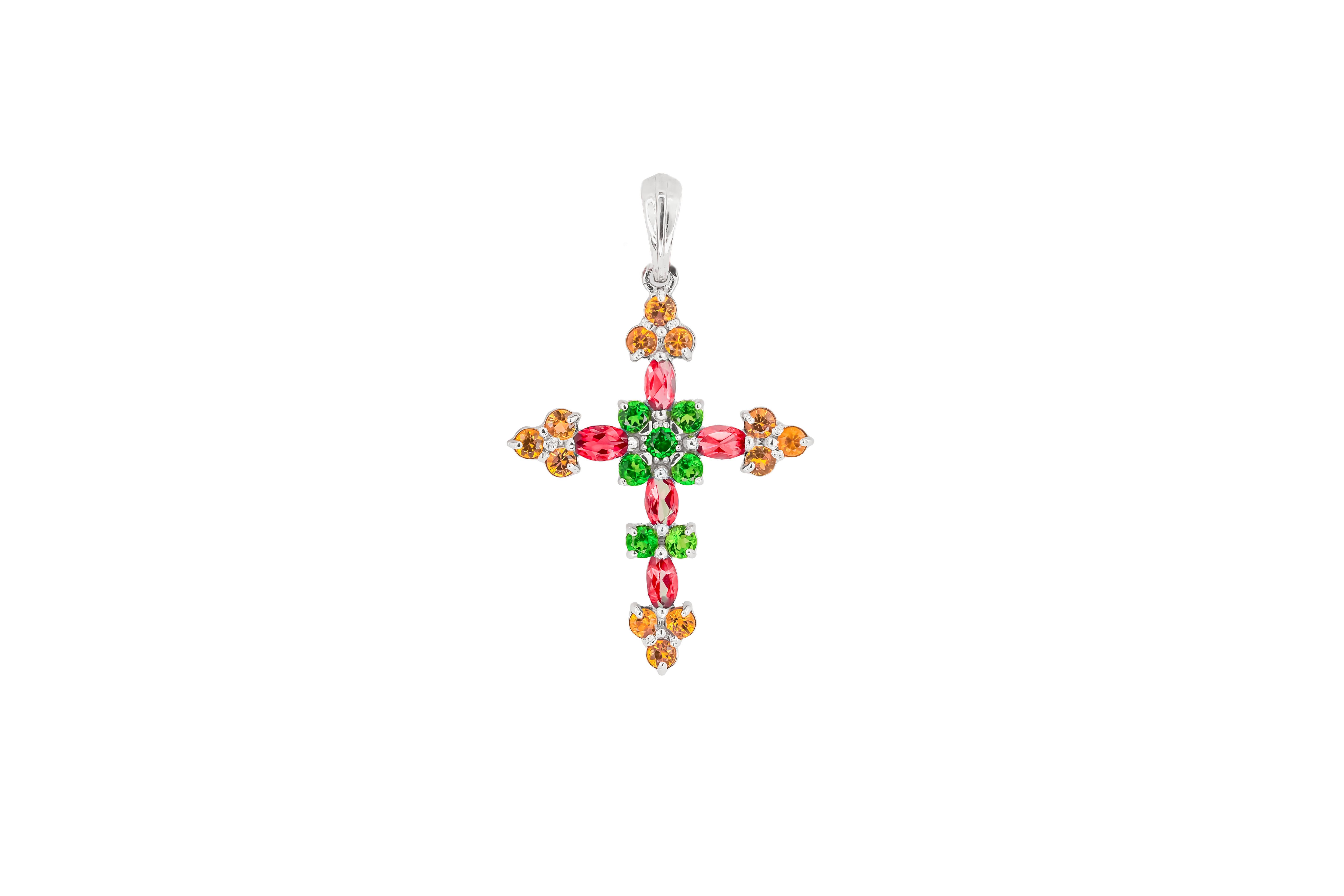 Women's or Men's Multicolor 14k gold cross pendant For Sale