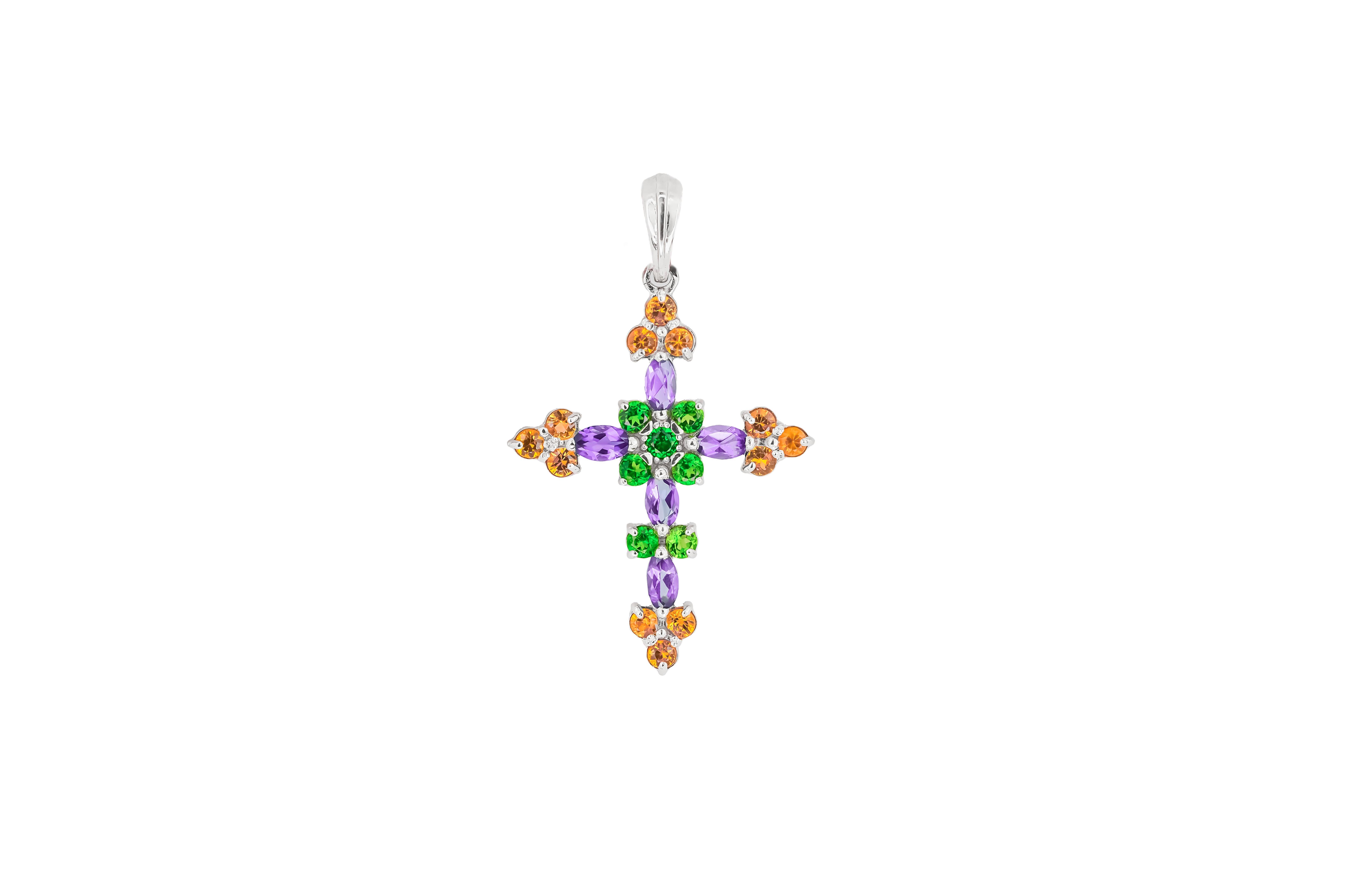 Women's or Men's Multicolor 14k gold cross pendant For Sale