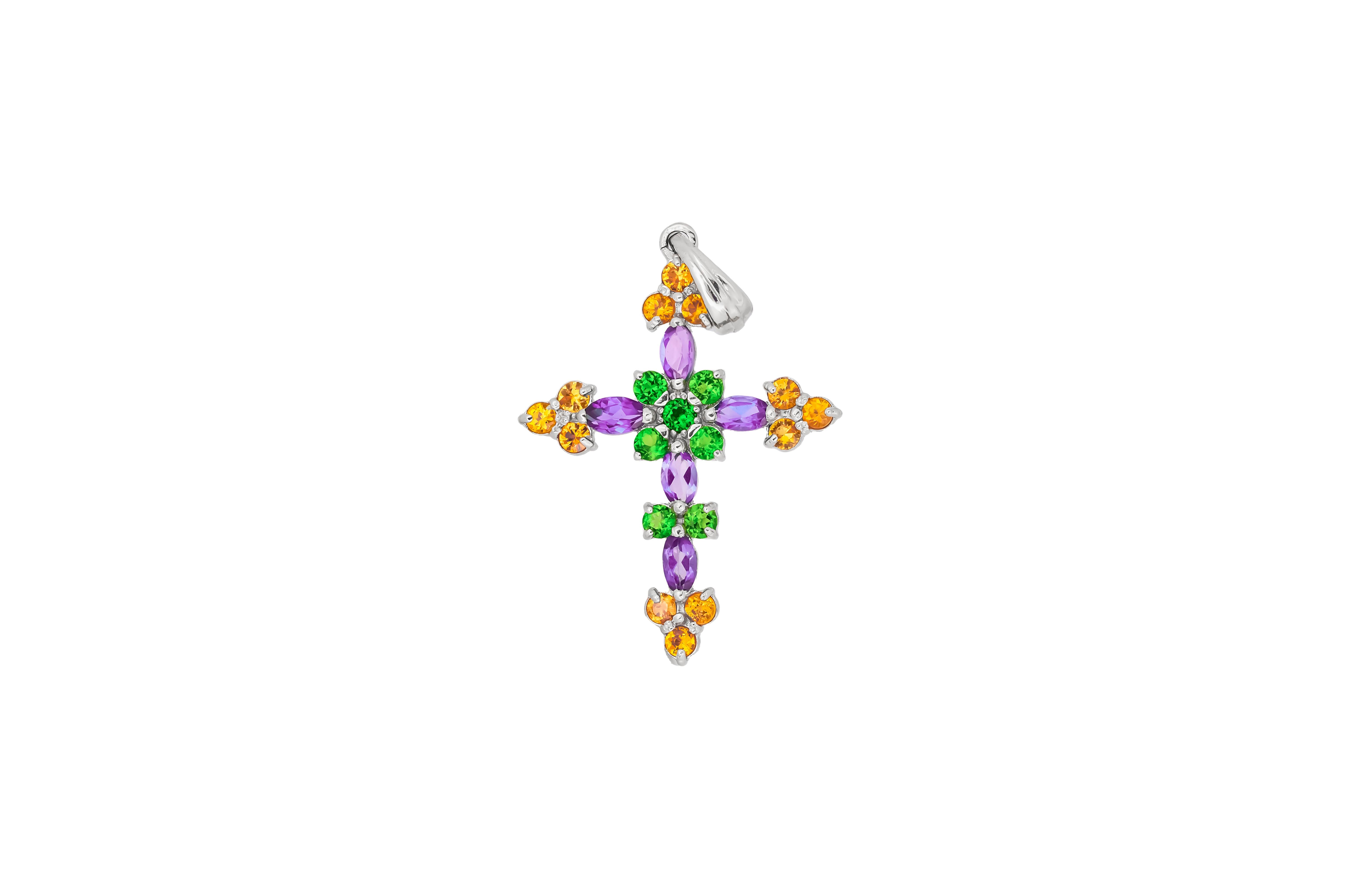 Pendentif croix multicolore en or 14k en vente 2