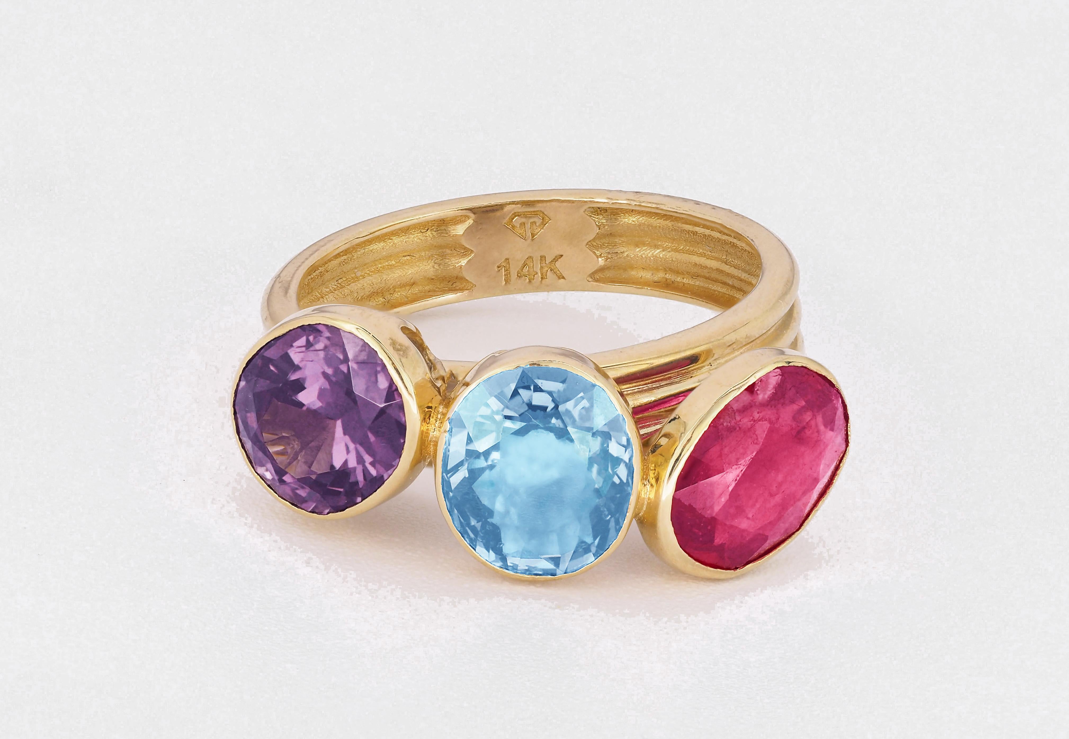 En vente :  Multicolor 14k gold ring with amethyst, ruby and topaz 2
