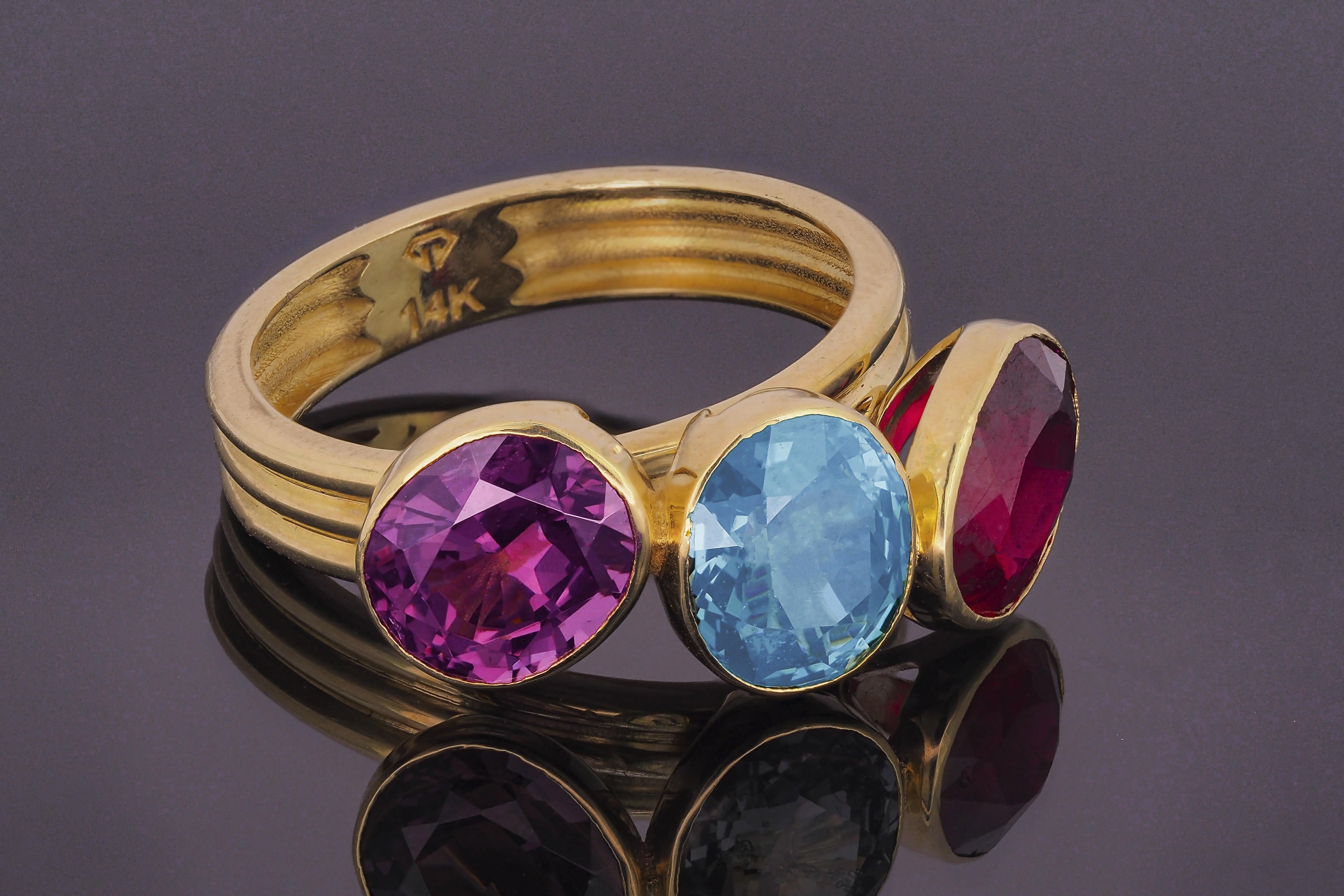 En vente :  Multicolor 14k gold ring with amethyst, ruby and topaz 3