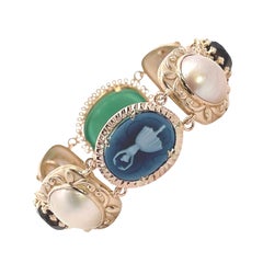 Multicolor 14K Yellow Gold Bracelet with Mabe Pearl, Cameo and Smokey Topaz