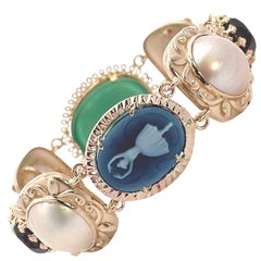 Multicolor 14K Yellow Gold Bracelet with Mabe Pearl, Cameo and Smokey Topaz