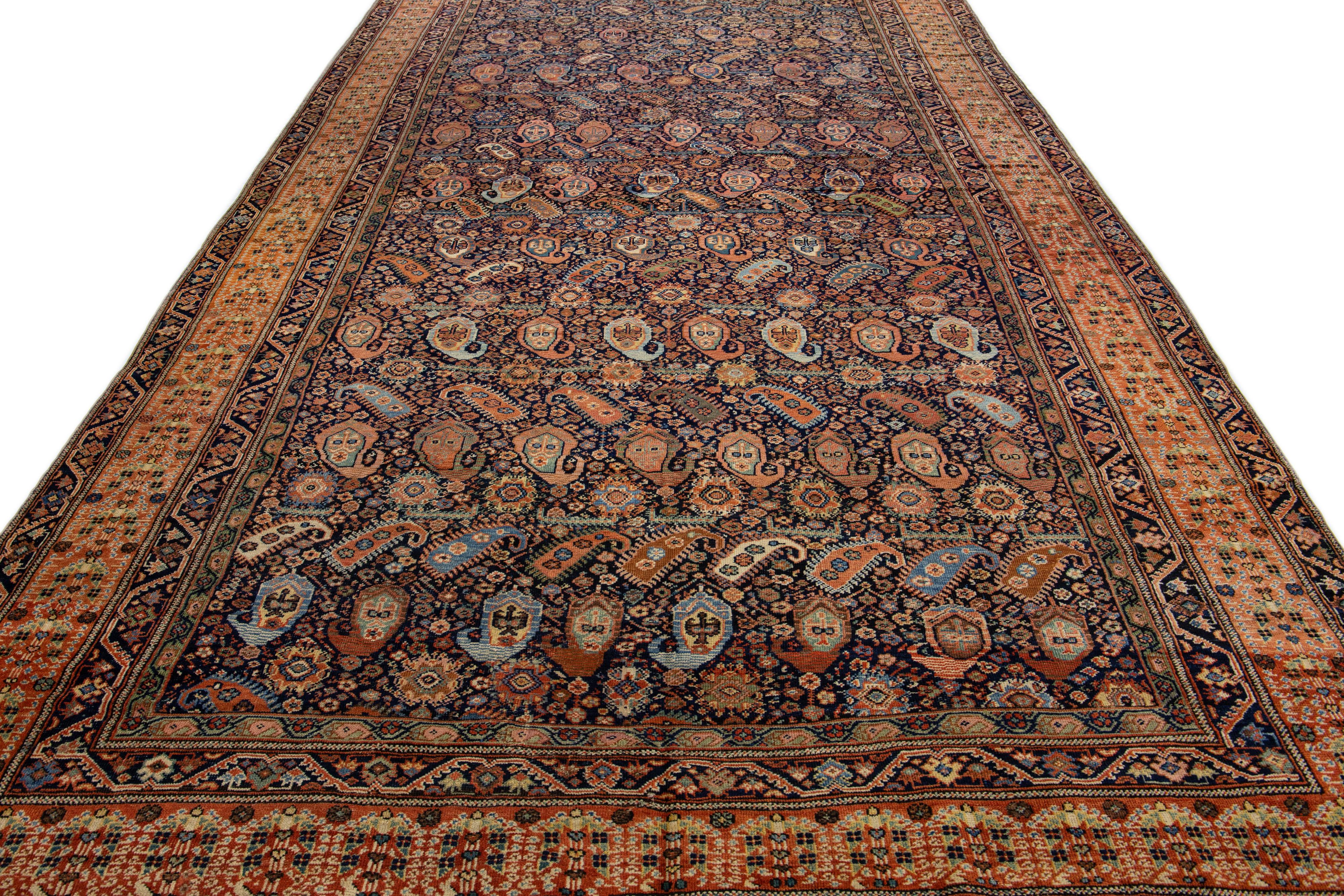Sarouk Farahan Multicolor Antique Farahan Persian Wool Rug with Boteh Motif For Sale