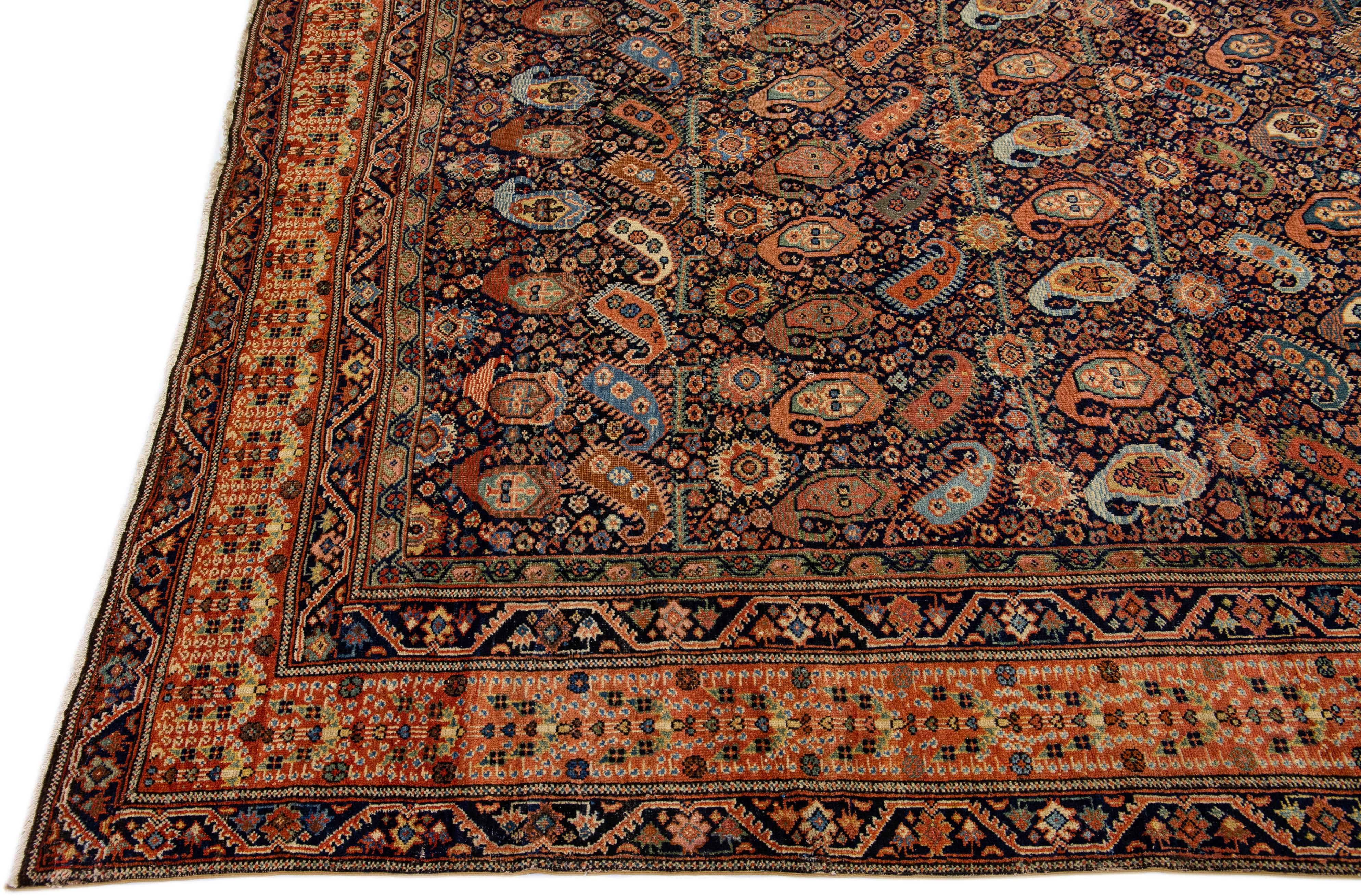 Hand-Knotted Multicolor Antique Farahan Persian Wool Rug with Boteh Motif For Sale