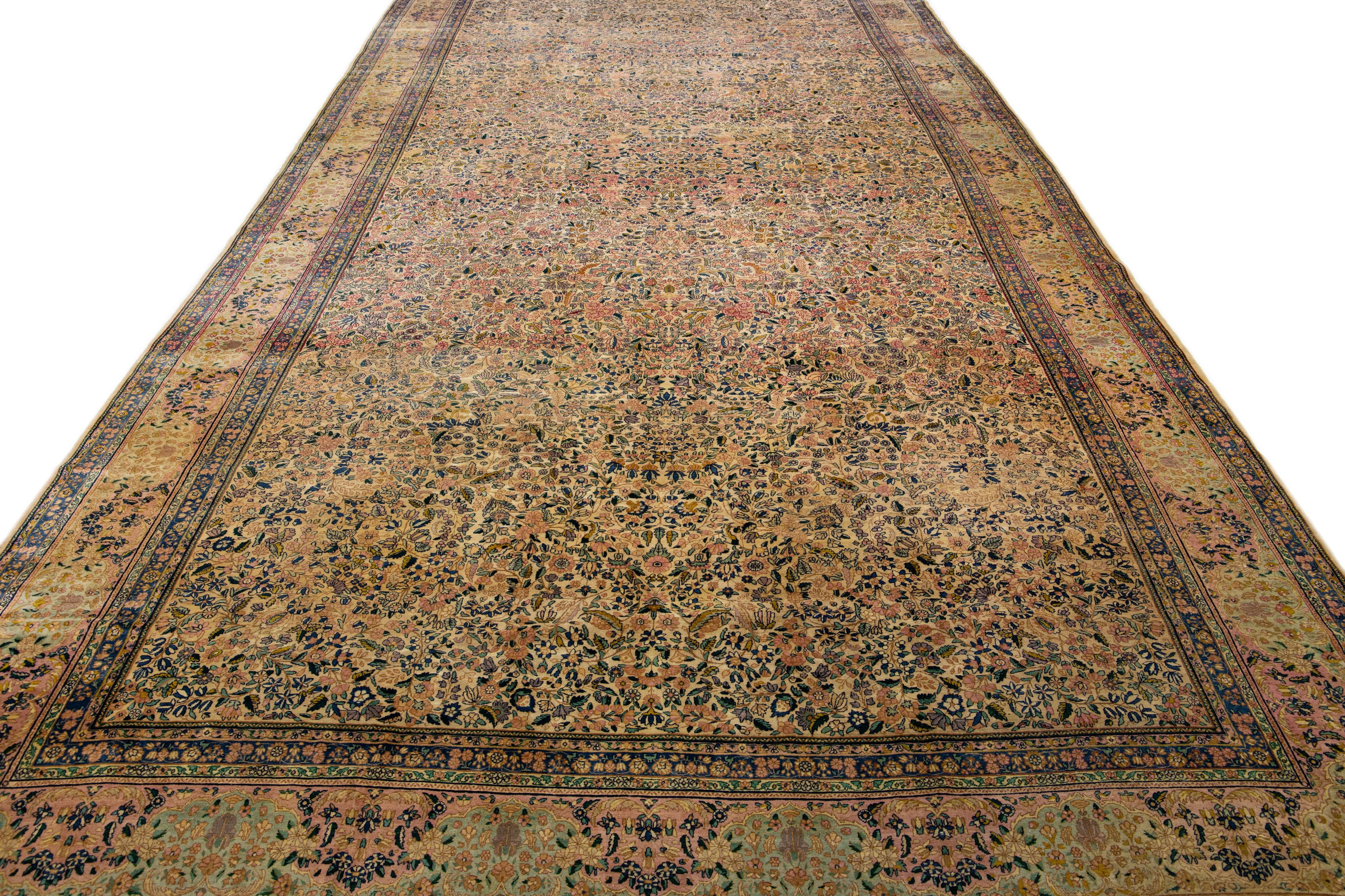 Persian Multicolor Antique Kirman Handmade Allover Floral Oversize Wool Rug For Sale