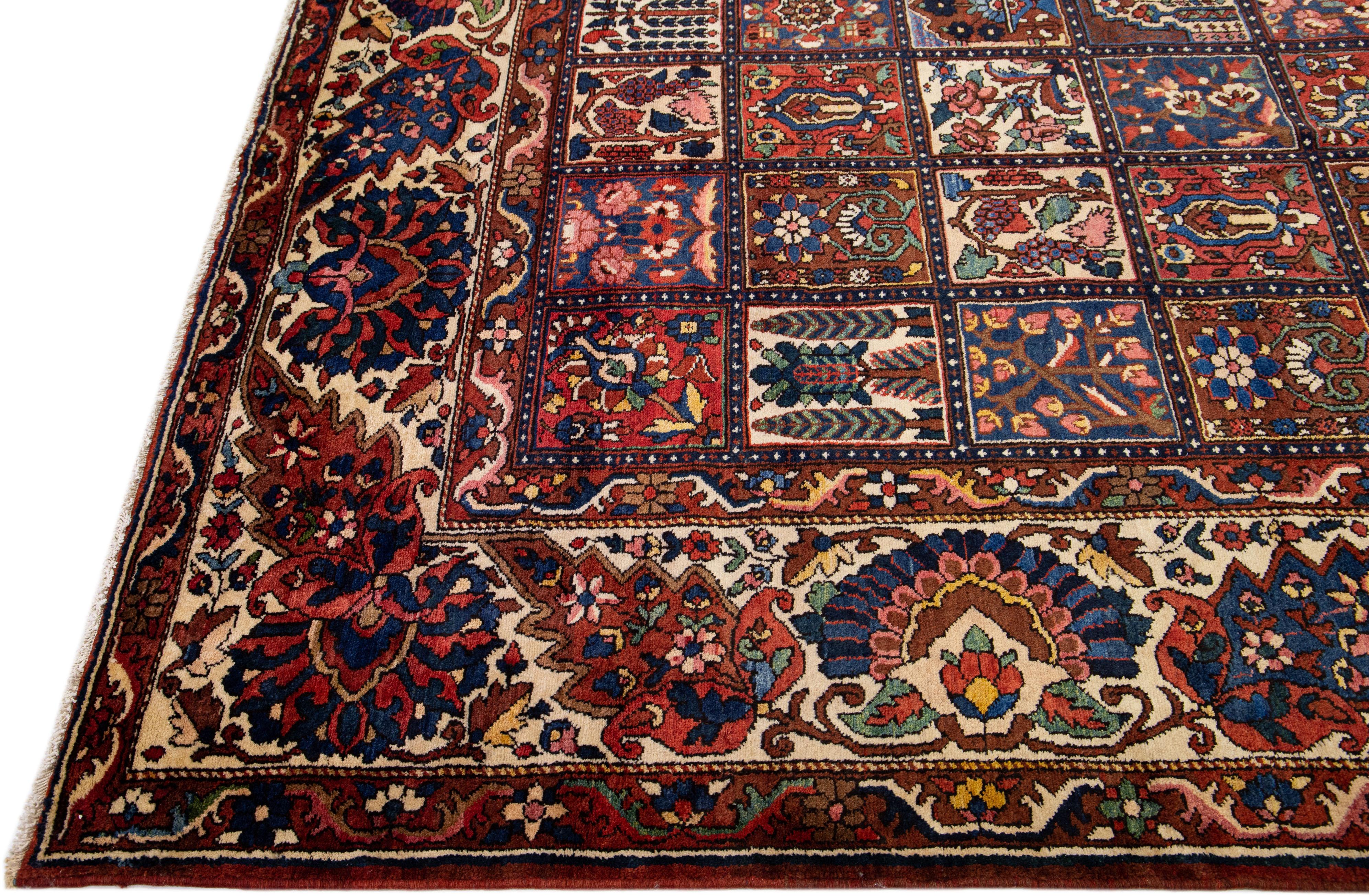 Islamic Multicolor Antique Persian Bakhtiari Handmade Allover Pattern Wool Rug For Sale