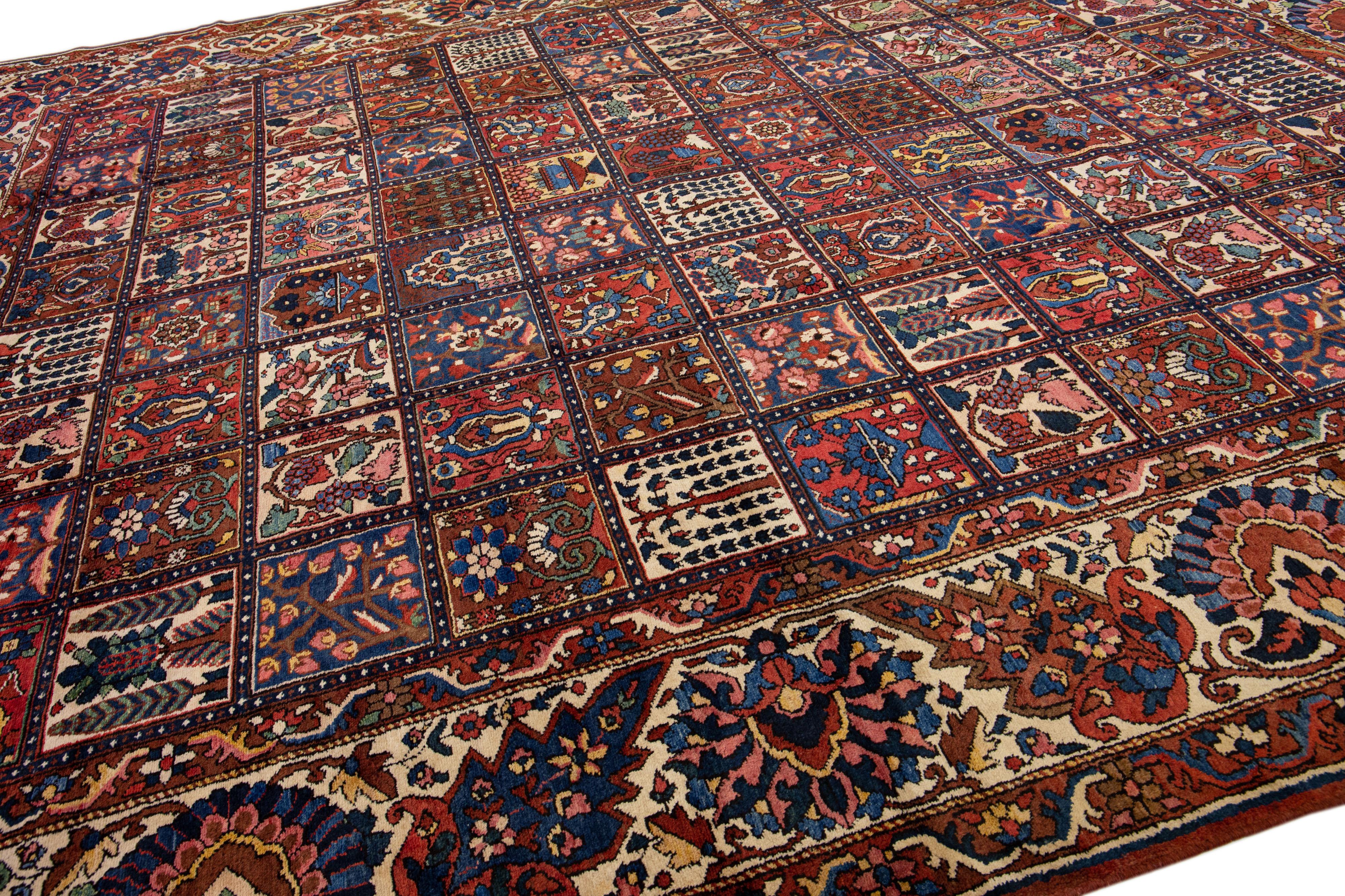 Hand-Knotted Multicolor Antique Persian Bakhtiari Handmade Allover Pattern Wool Rug For Sale