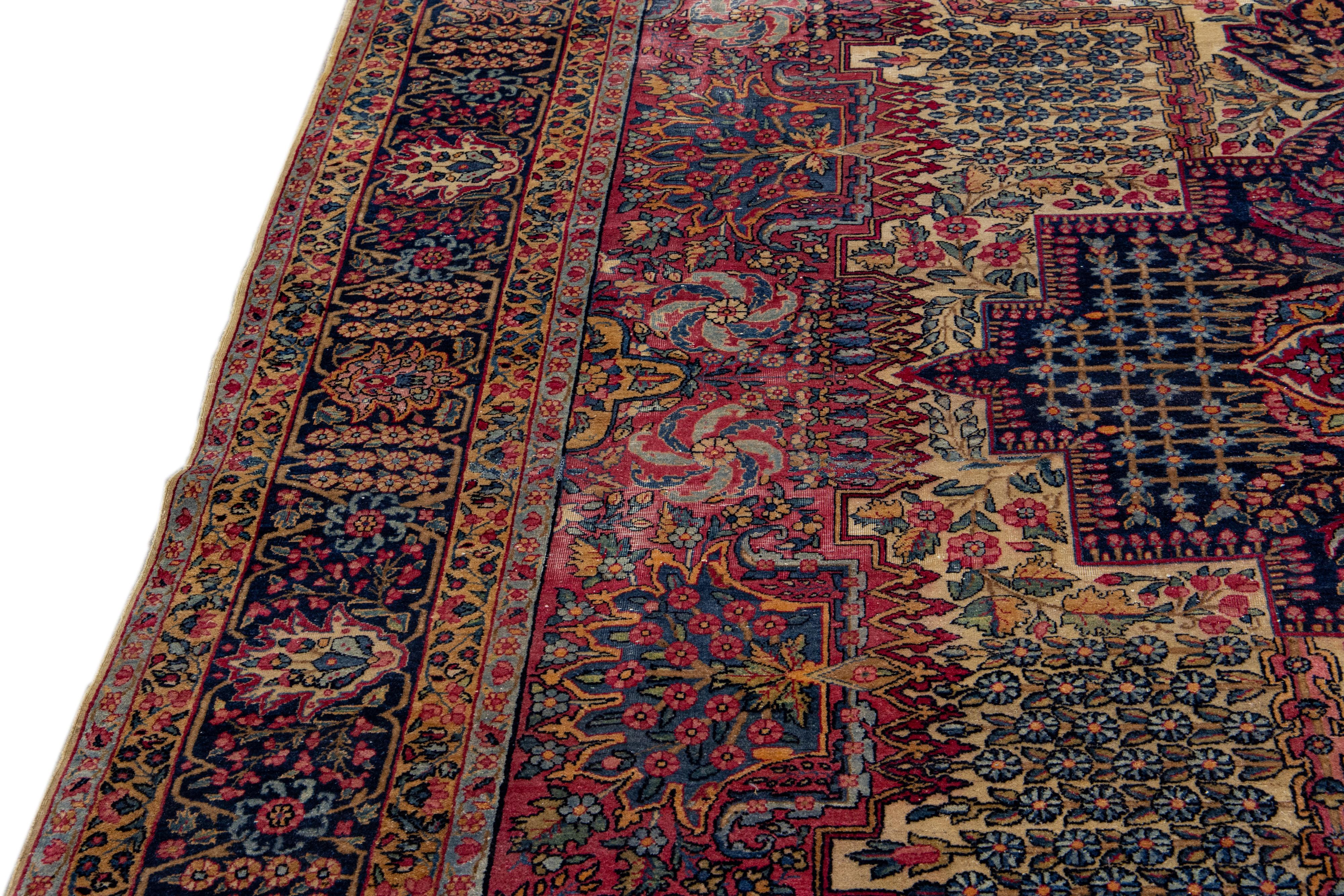 Multicolor Antique Persian Kerman Handmade Allover Designed Wool Rug For Sale 6