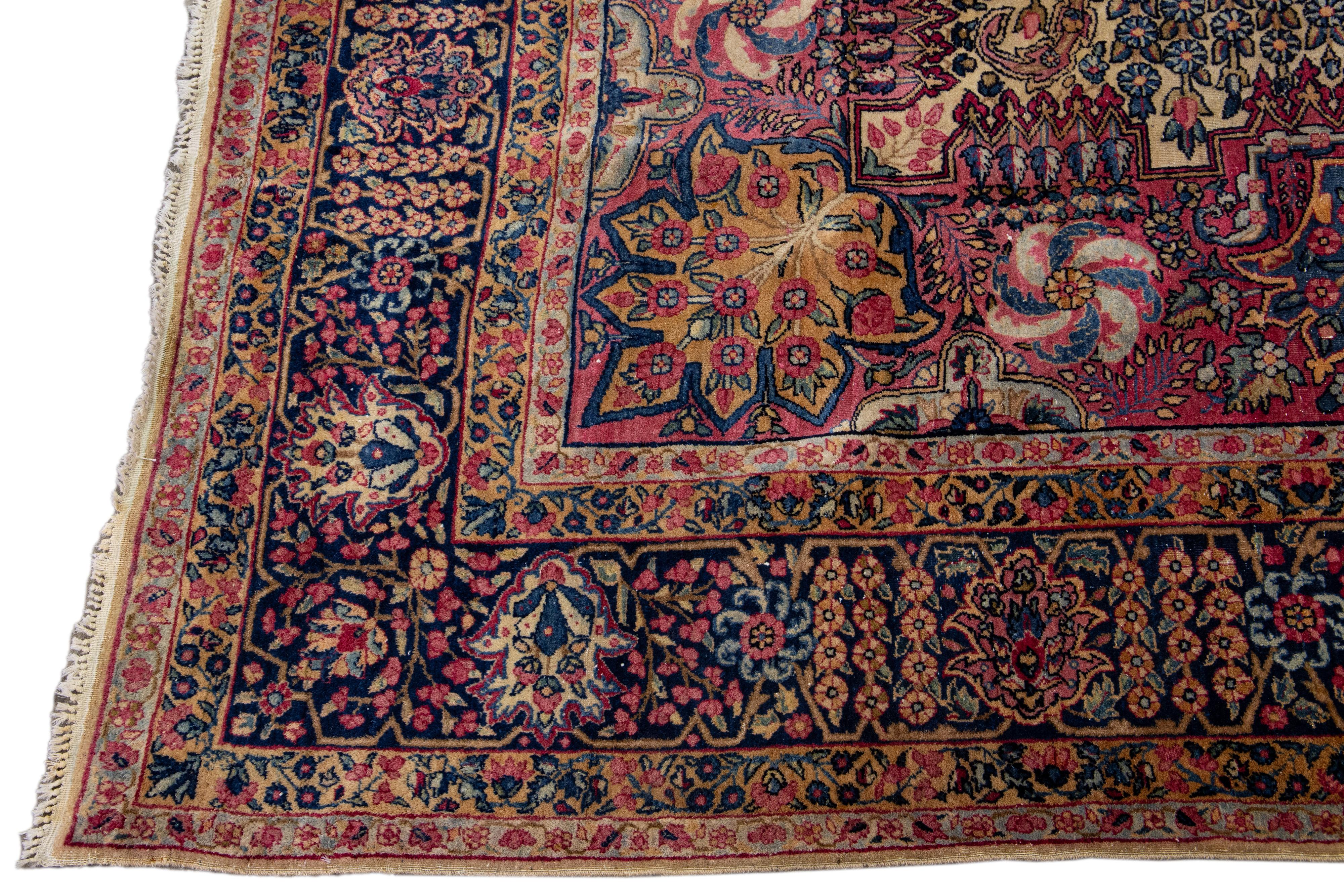 Hand-Knotted Multicolor Antique Persian Kerman Handmade Allover Designed Wool Rug For Sale