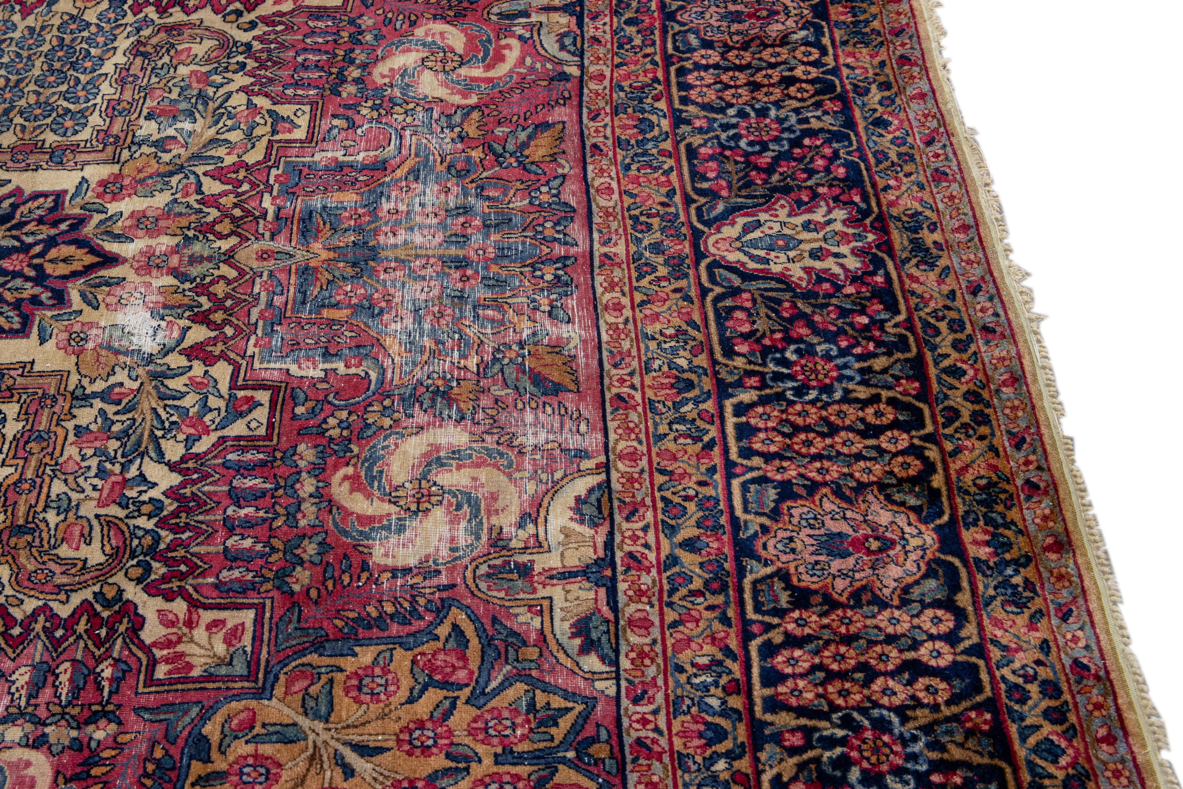 Multicolor Antique Persian Kerman Handmade Allover Designed Wool Rug For Sale 1