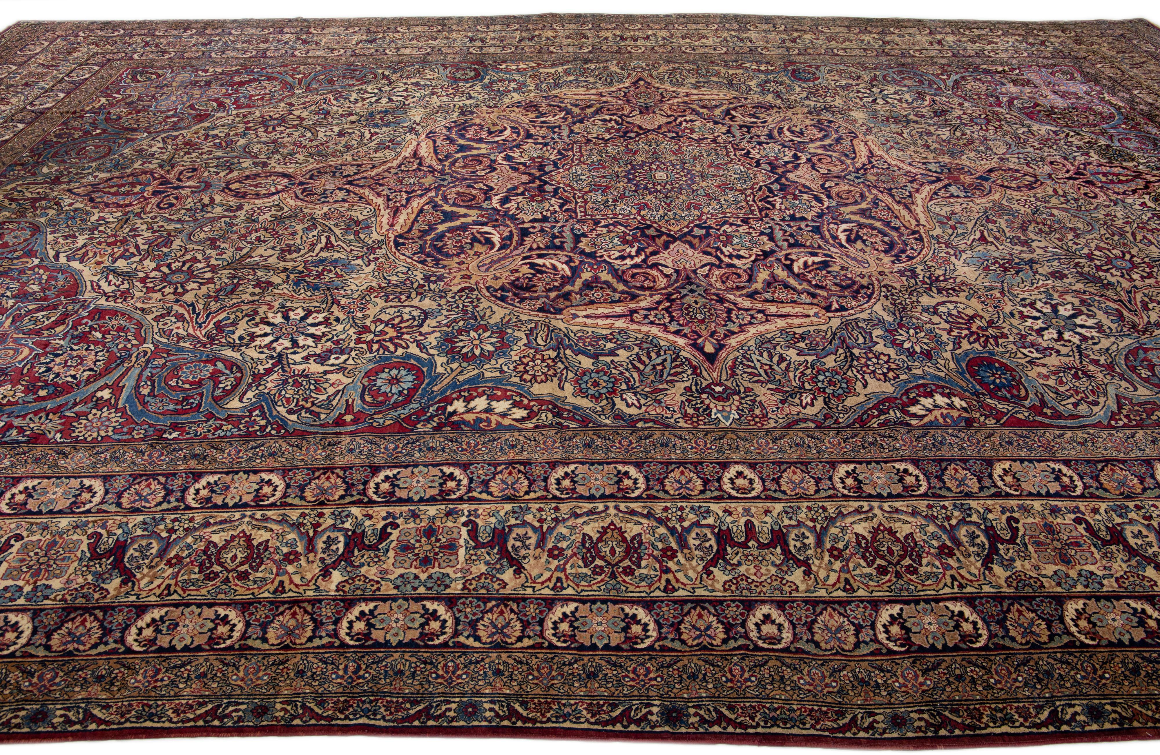 Hand-Knotted Multicolor Antique Persian Kerman Handmade Allover Wool Rug For Sale