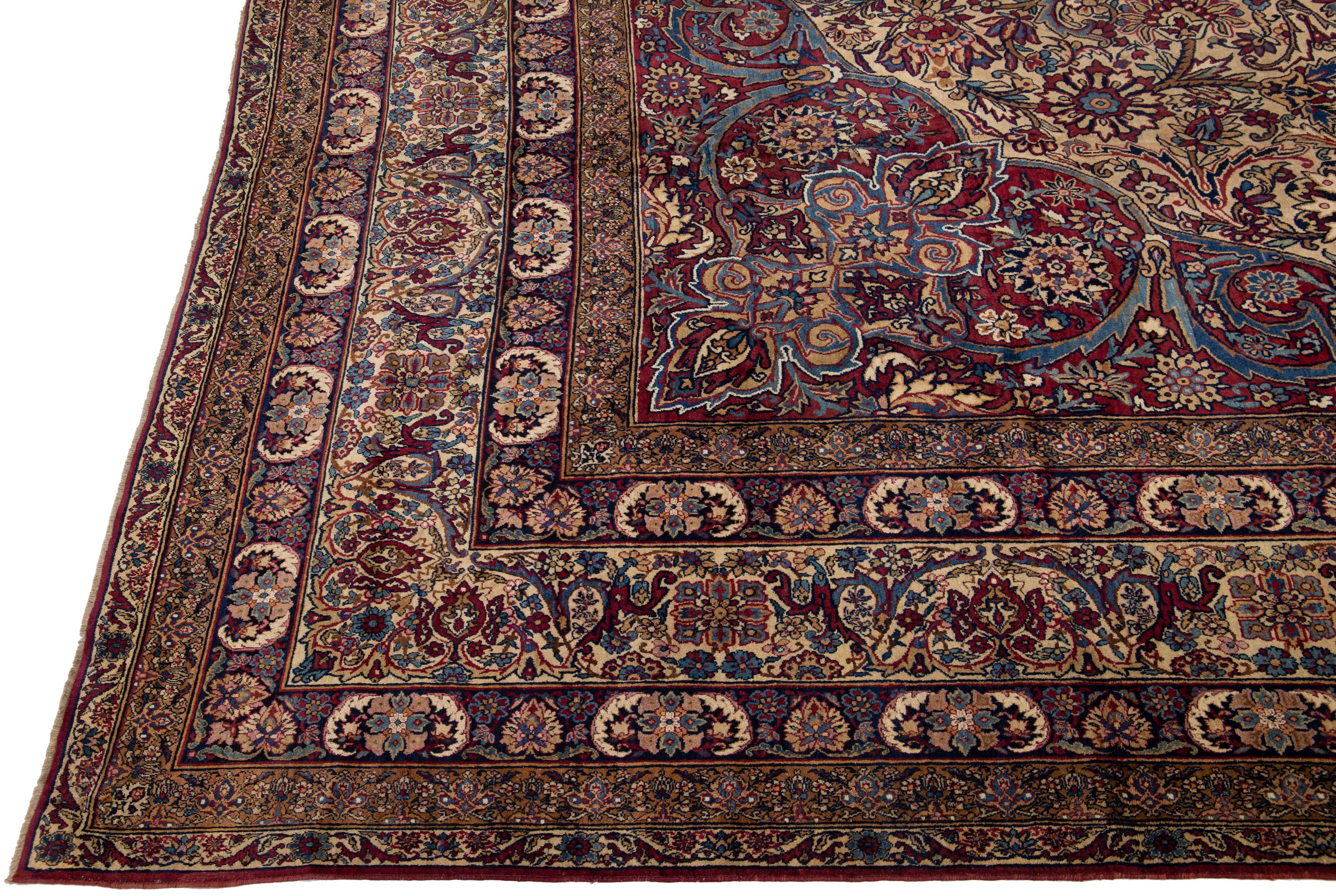 Multicolor Antique Persian Kerman Handmade Allover Wool Rug In Good Condition For Sale In Norwalk, CT
