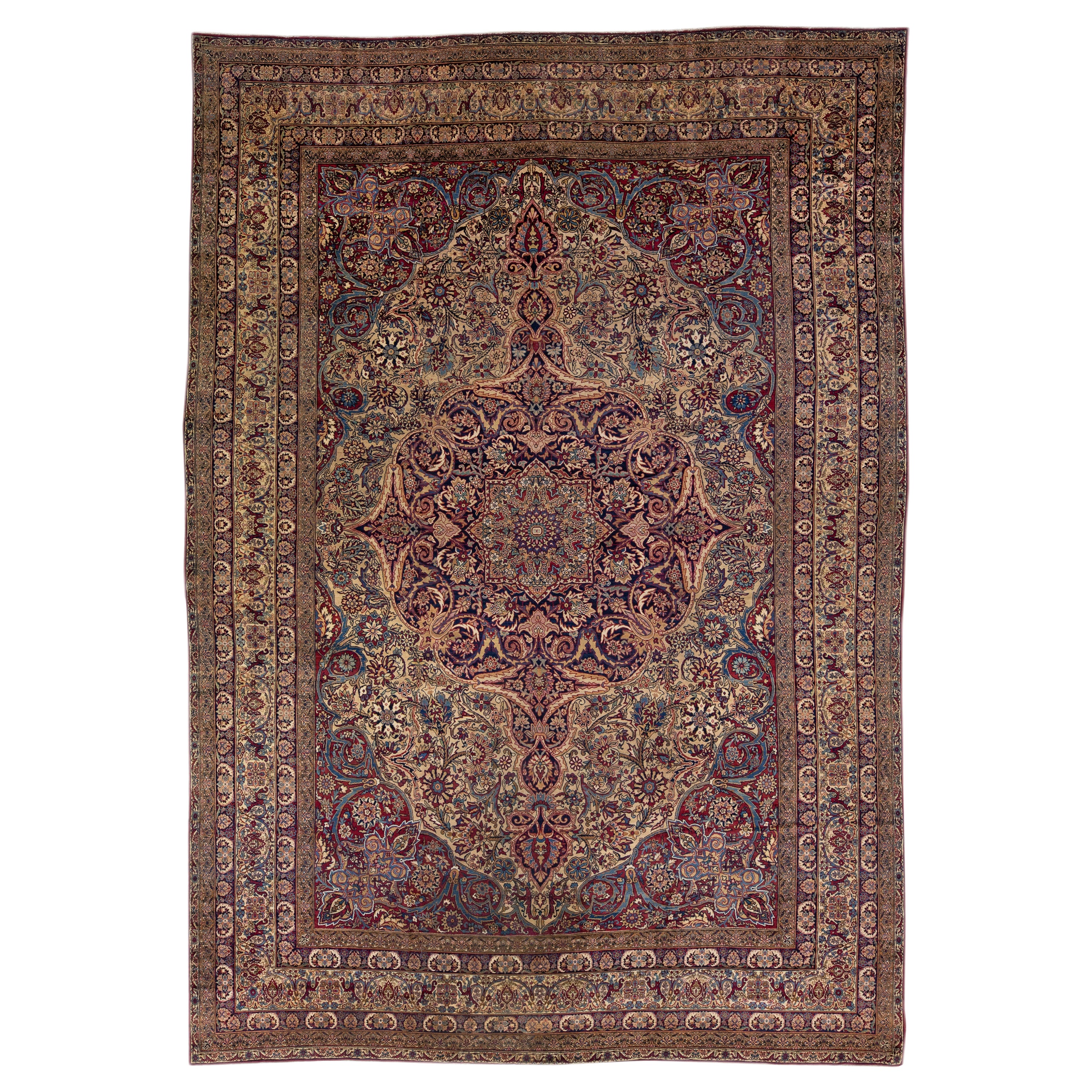 Multicolor Antique Persian Kerman Handmade Allover Wool Rug