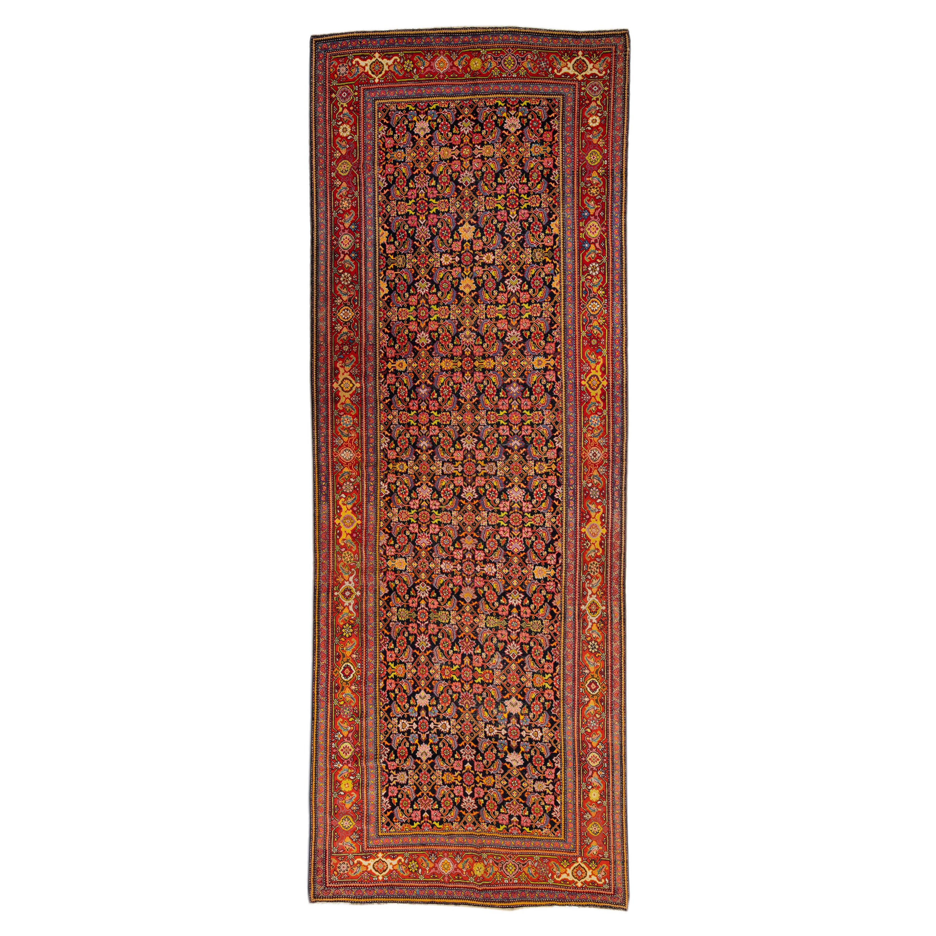 Tappeto multicolore antico persiano Malayer fatto a mano in lana da galleria con disegno a trifoglio