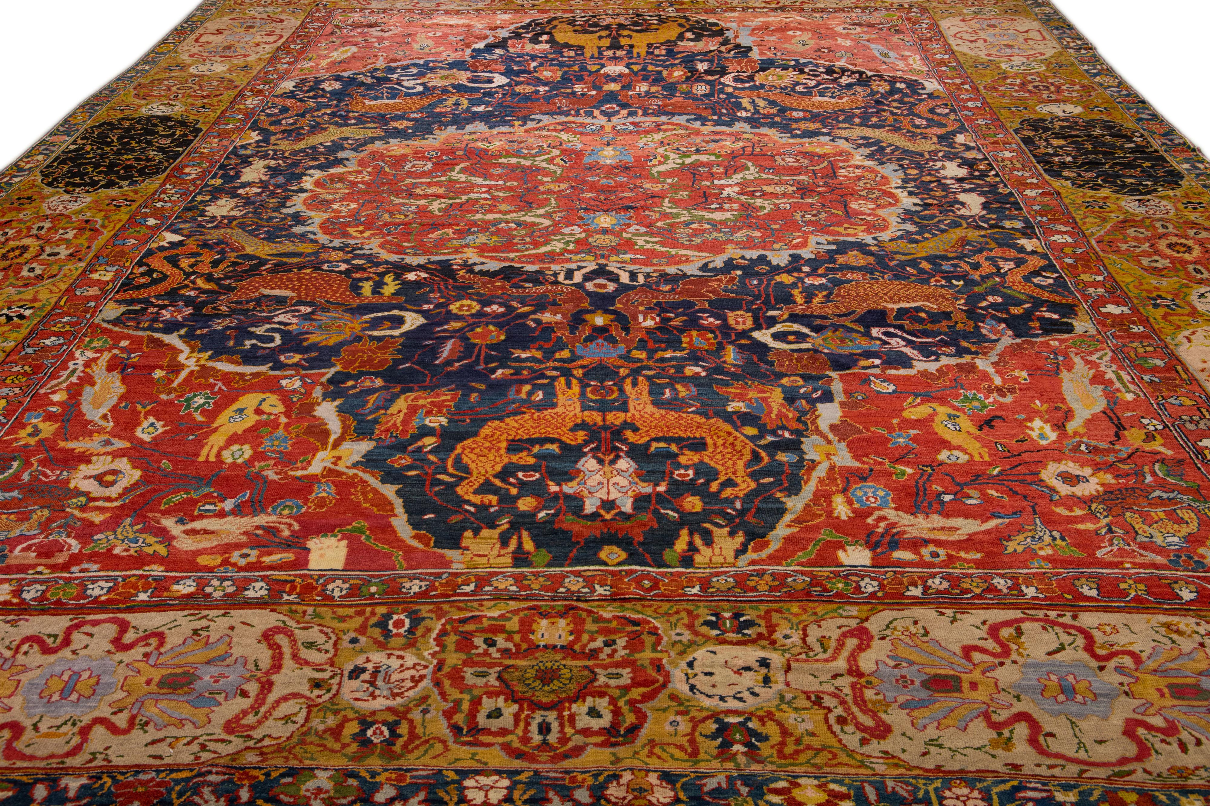 Hand-Knotted Multicolor Antique Sultanabad Handmade Mendallion Persian Wool Rug For Sale