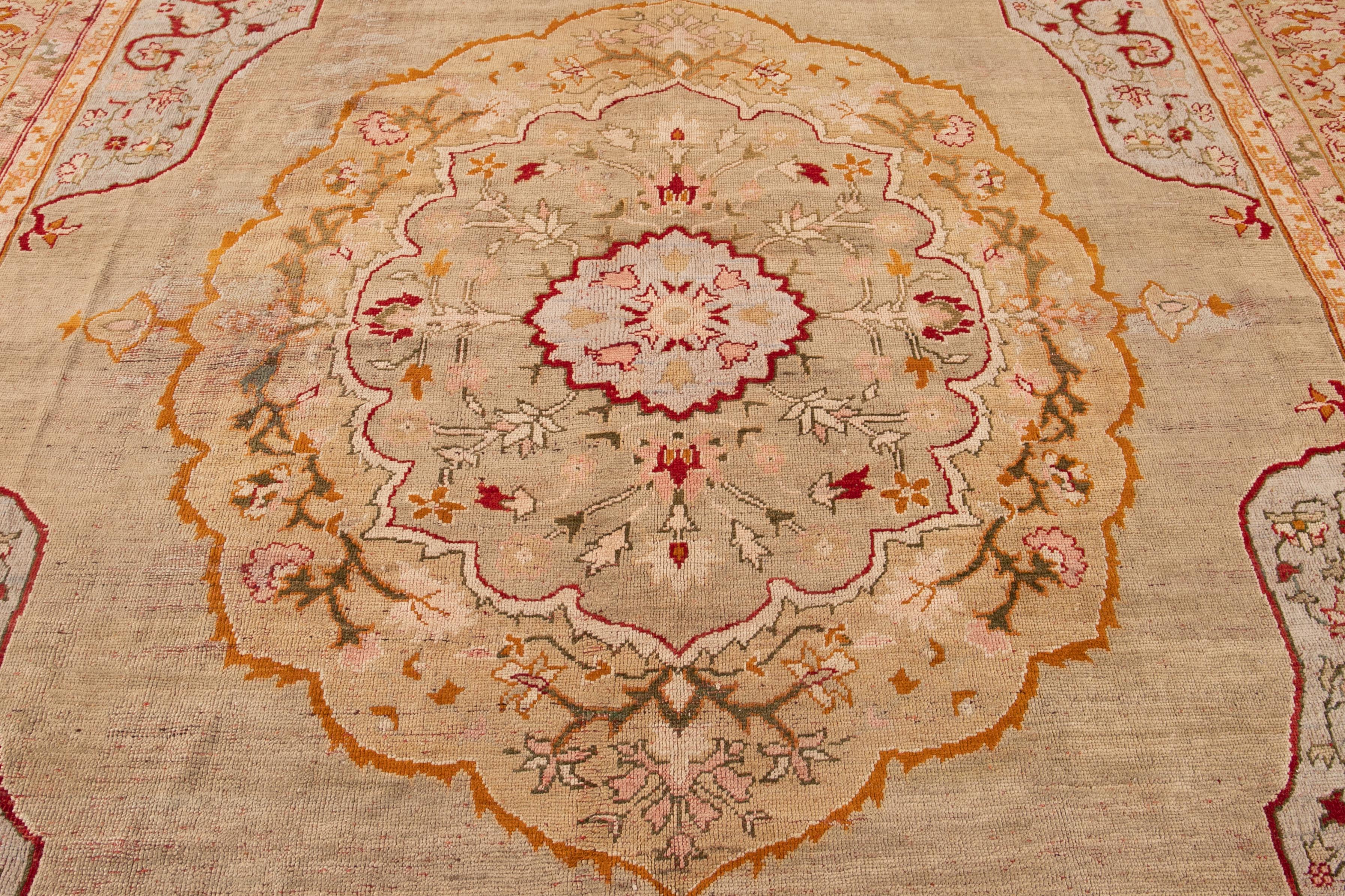 Multicolor Antique Turkish Oushak Handmade Wool Rug Wool with Medallion Motif For Sale 1