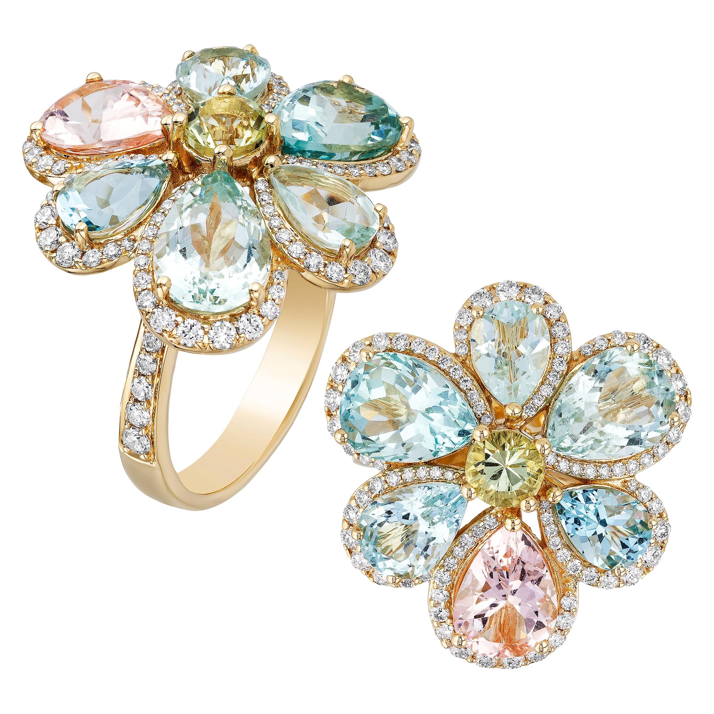 Goshwara Multicolor Aqua  And Diamond Cluster Ring