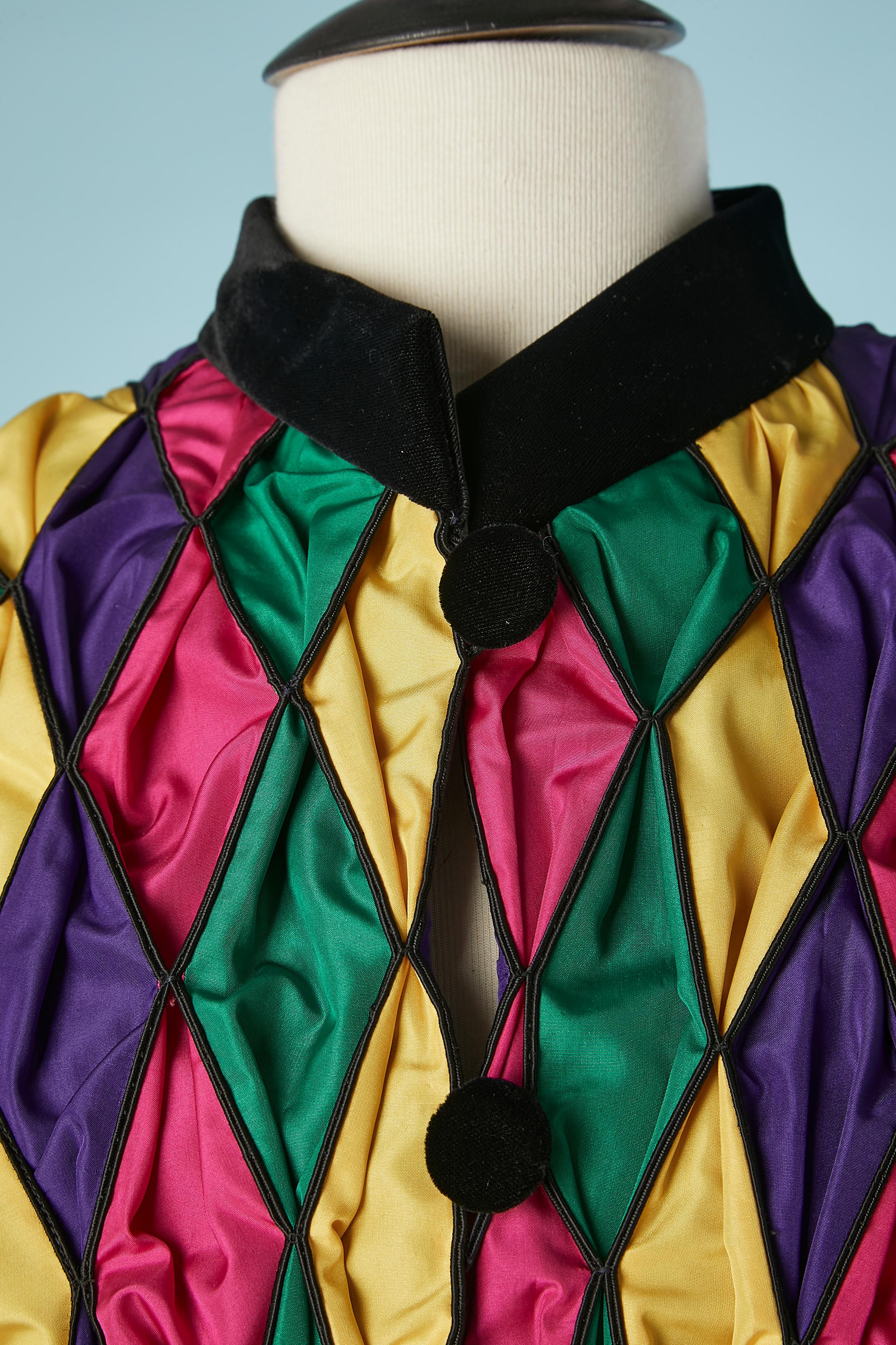 Multicolor Arlequin jacket made of (stiff) taffeta and black velvet collar and cuffs. Black polyester lining and stiff lining inside ( to keep the shape round) Button in black velvet and buttonhole. 
SIZE 40 (Fr) L 