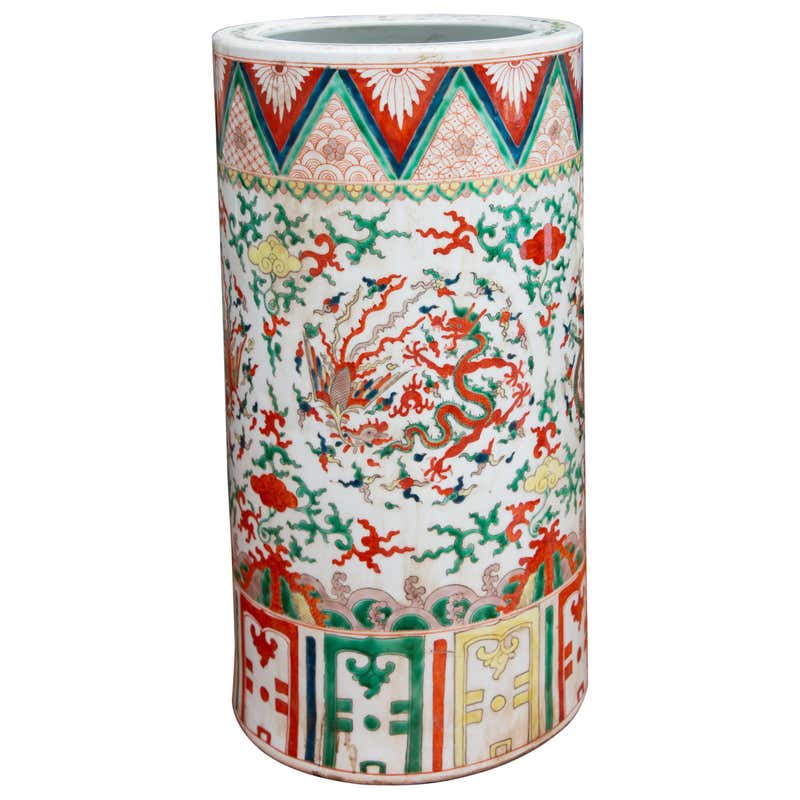 Porte-Parapluie Céramique Chinois Blanc 19.5×44cm - Porte-Canne Vintage Élégant Pour Entrée