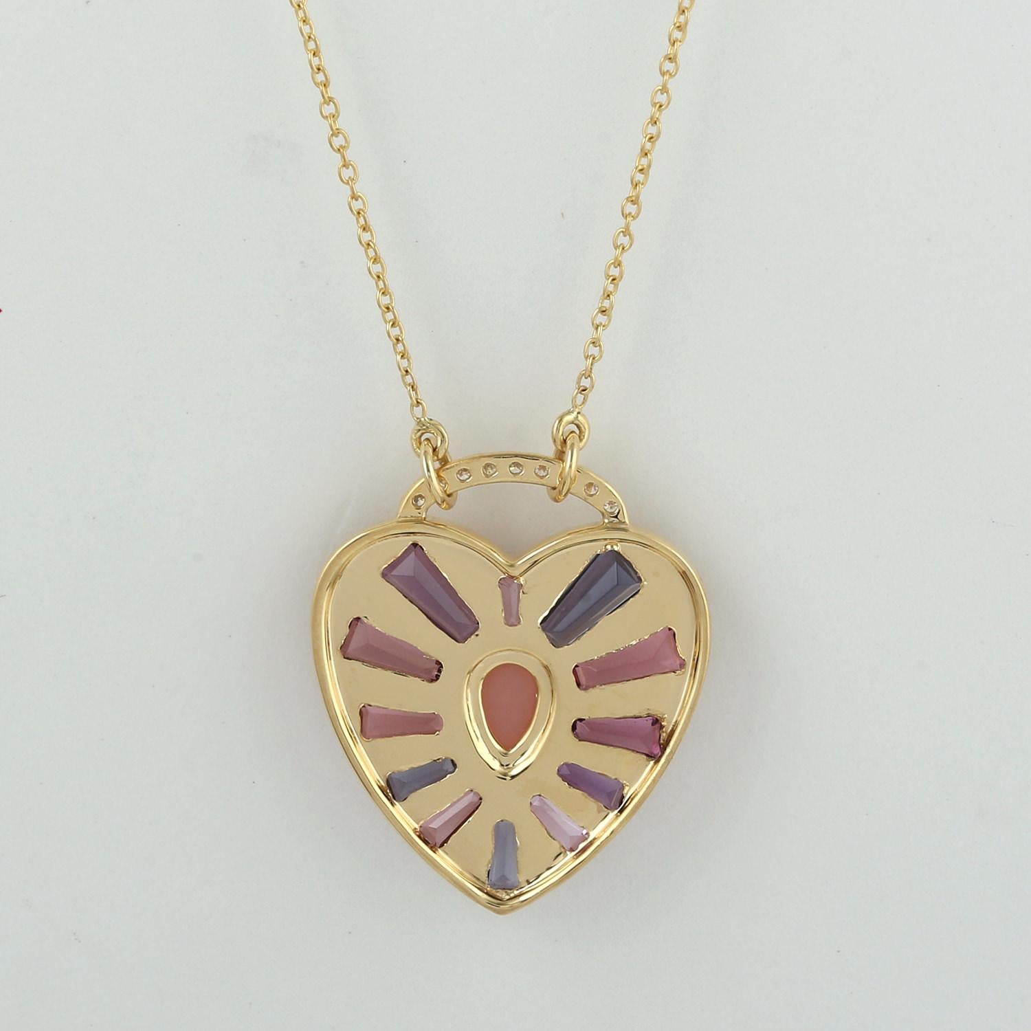 Contemporary Multicolor Baguette Heart Shaped Pendant Chain Necklaces Made In 18k Yellow Gold For Sale