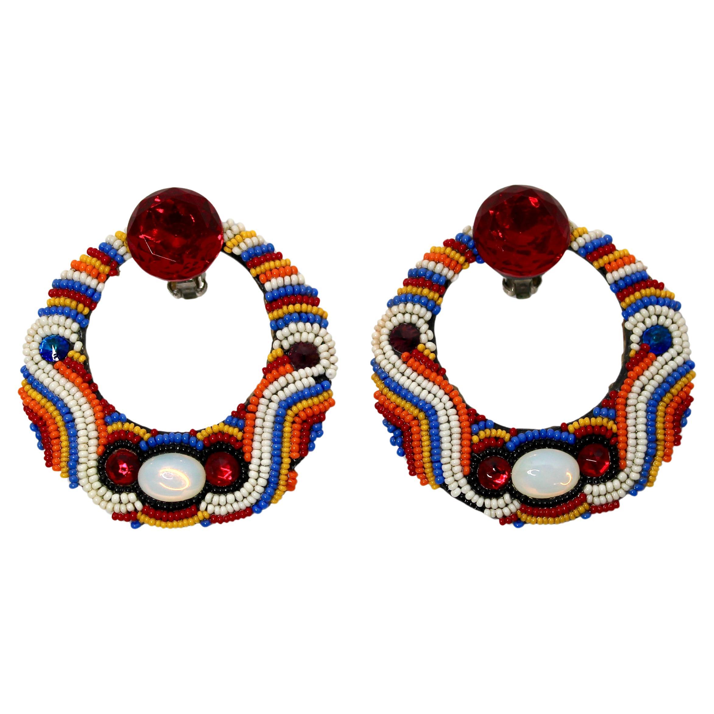 Multicolor Beaded Clip-On Hoop Earrings circa 1980s For Sale