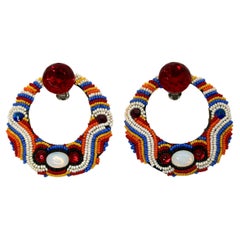 Multicolor Beaded Clip-On Hoop Earrings circa 1980s