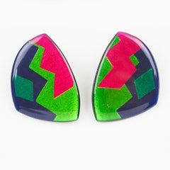 Multicolor Blue, Green, Pink Geometric Resin Lucite Clip-on Earrings