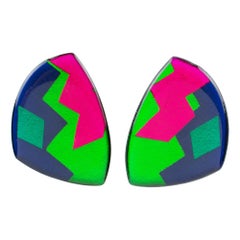Multicolor Blue, Green, Pink Geometric Resin Lucite Clip-on Earrings