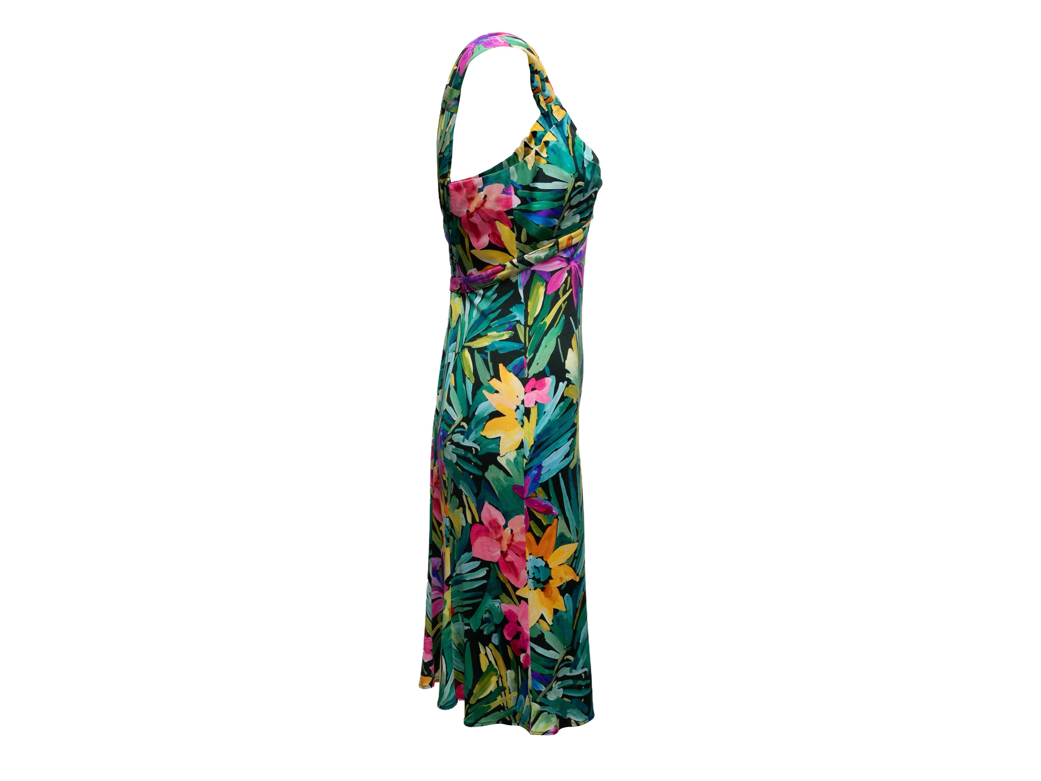 Multicolor sleeveless floral print dress by Blumarine. Bead embellishments at sweetheart neckline. Low back .Zip closure at side. 34