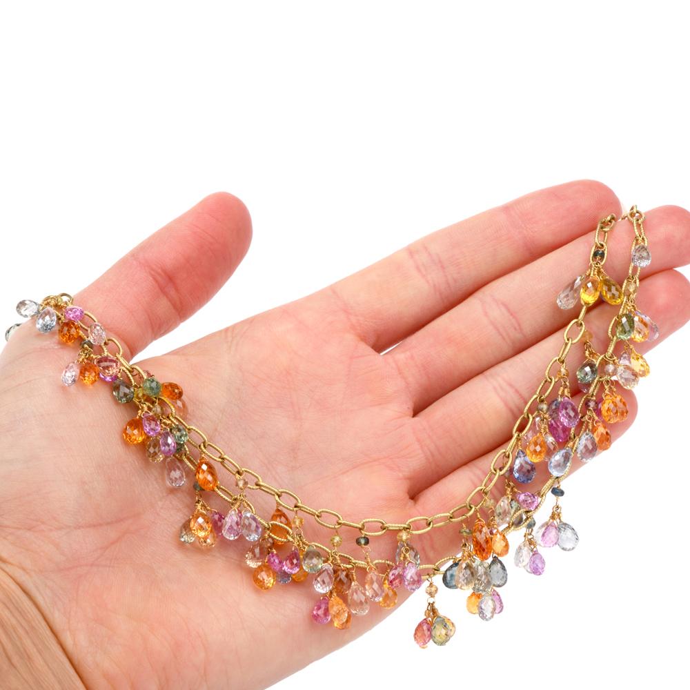 Multicolor Briolette-Cut Sapphire Inch Chandelier 18 Karat Gold Necklace In Excellent Condition In Miami, FL