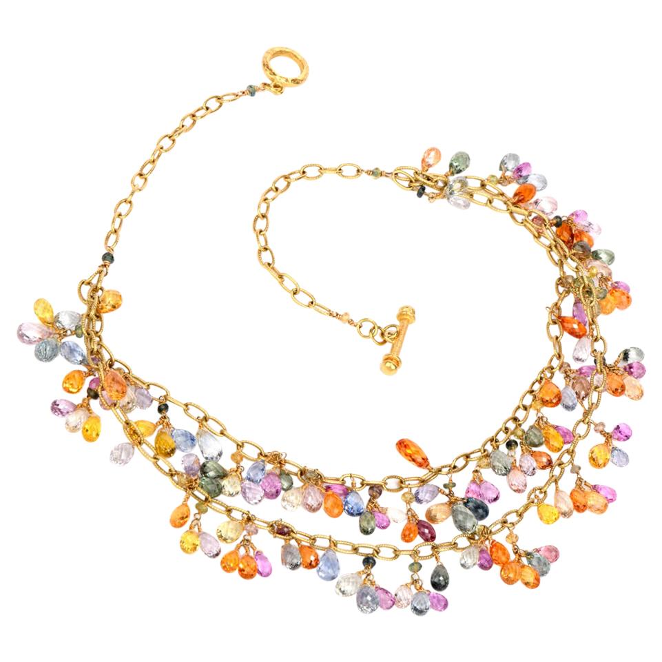 Multicolor Briolette-Cut Sapphire Inch Chandelier 18 Karat Gold Necklace