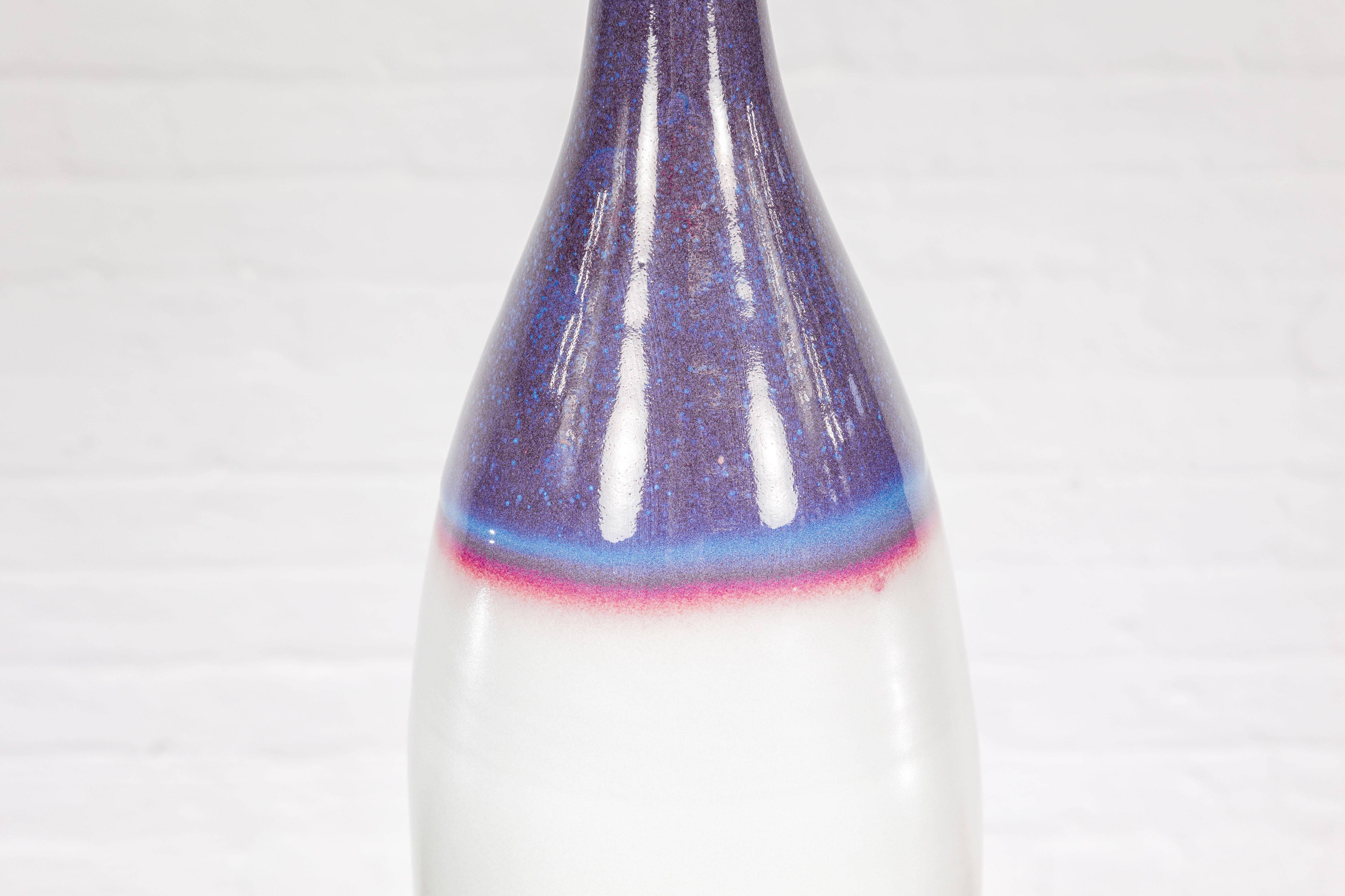 Multicolor Ceramic Bottle Base with Purple, Blue, Pink and White Tones For Sale 1